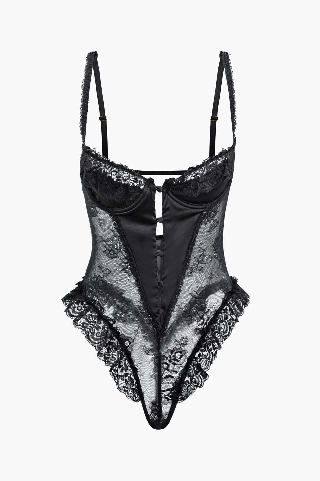 Dantel Volan Düğme Detaylı Kesik Sırt Dekolteli Lingerie Bodysuit