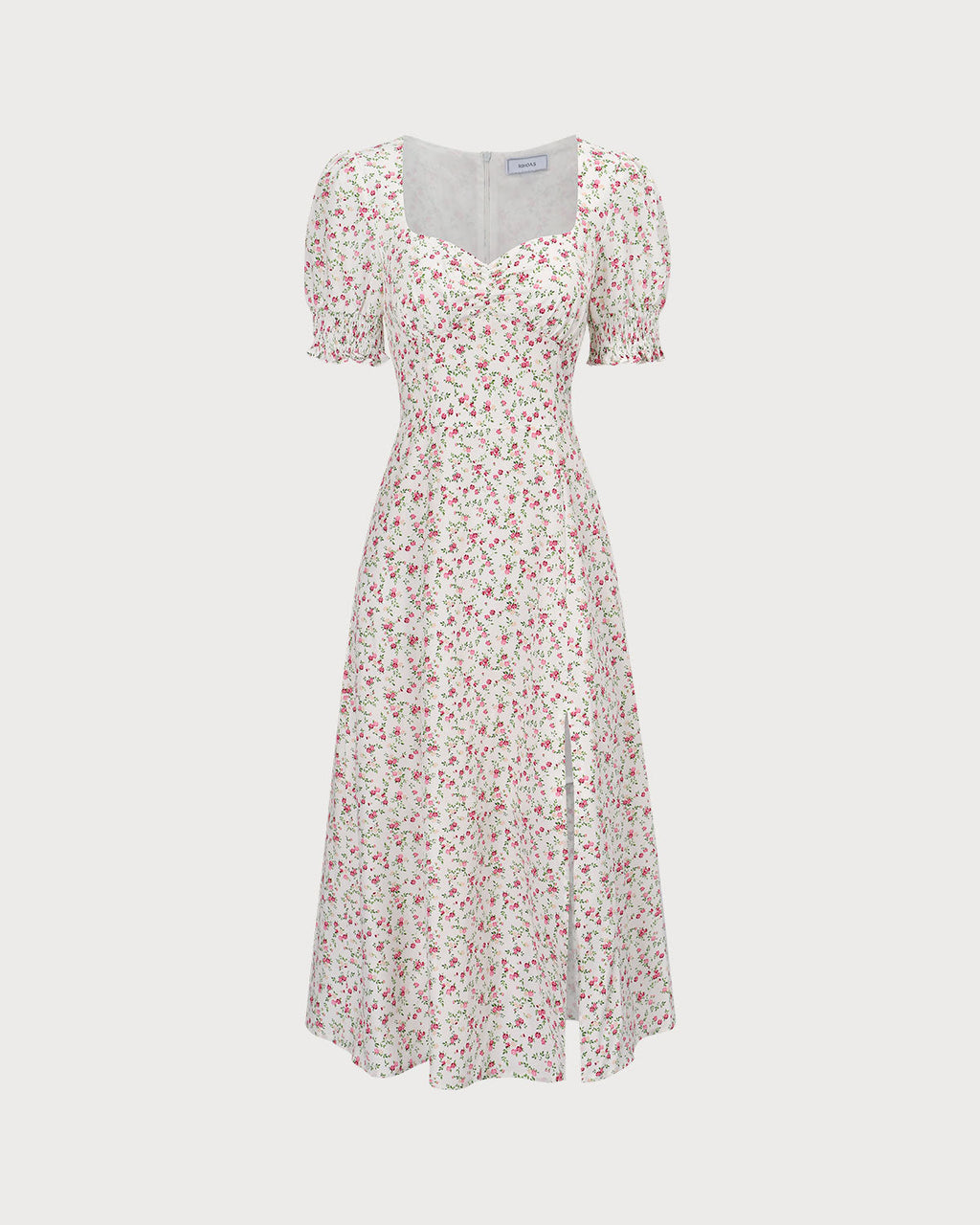 Bej Renkli Kalp Yaka Volan Kol Çiçek Desenli Midi Elbise