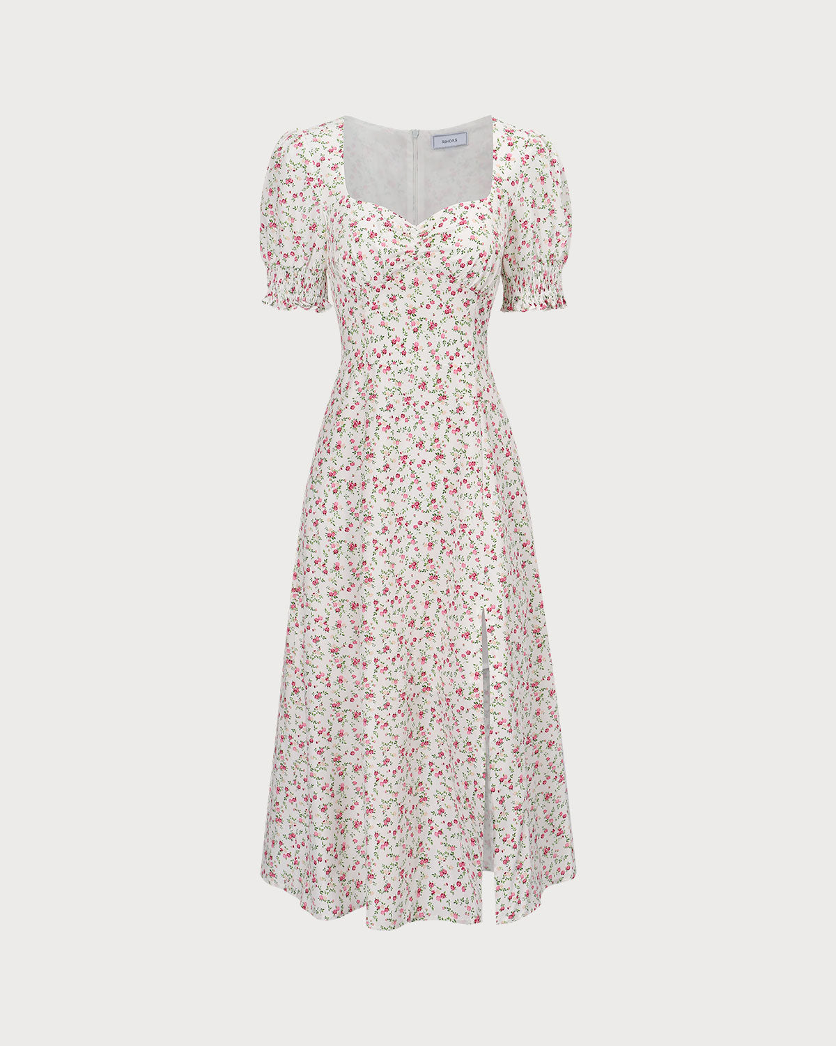 Bej Renkli Kalp Yaka Volan Kol Çiçek Desenli Midi Elbise