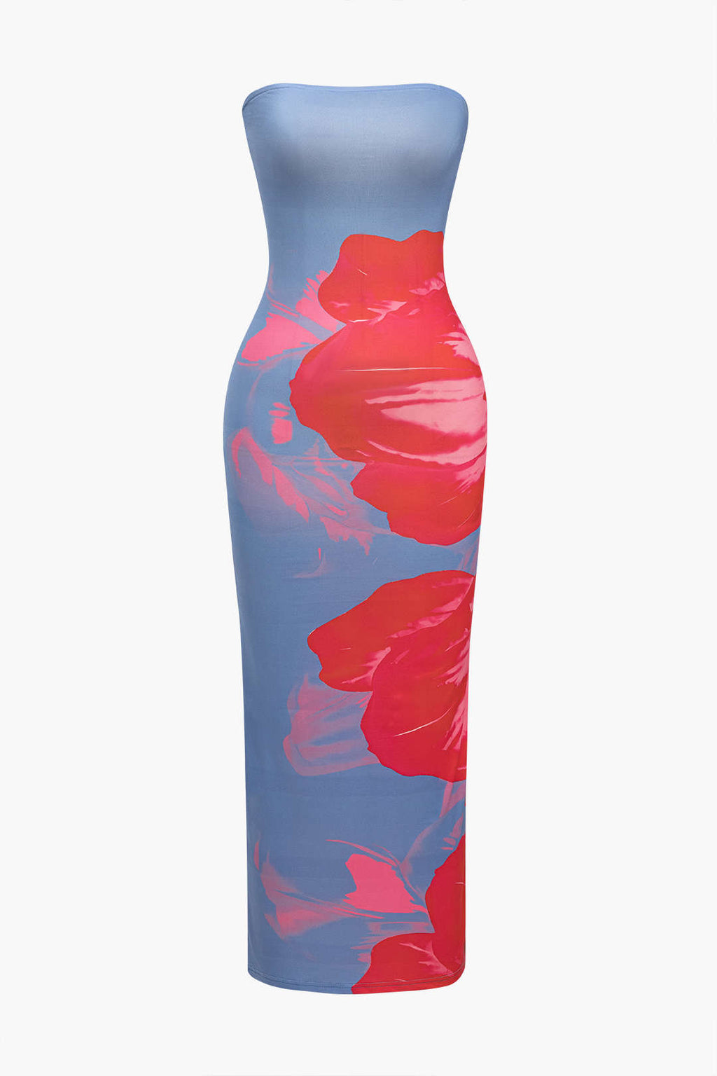 Çiçek Desenli Straplez Midi Elbise