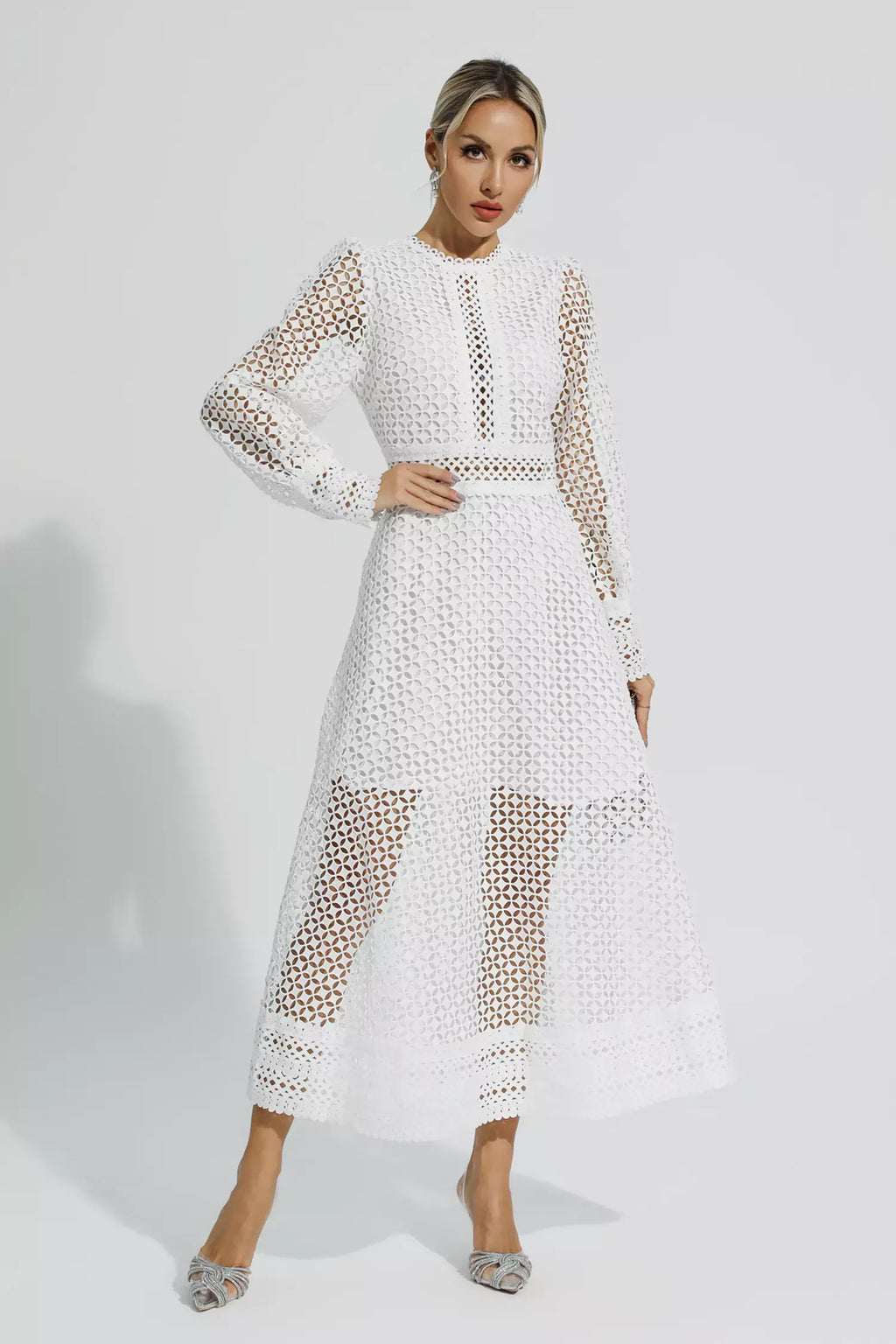 Monroe Beyaz Hollow Uzun Kollu Maksi Elbise