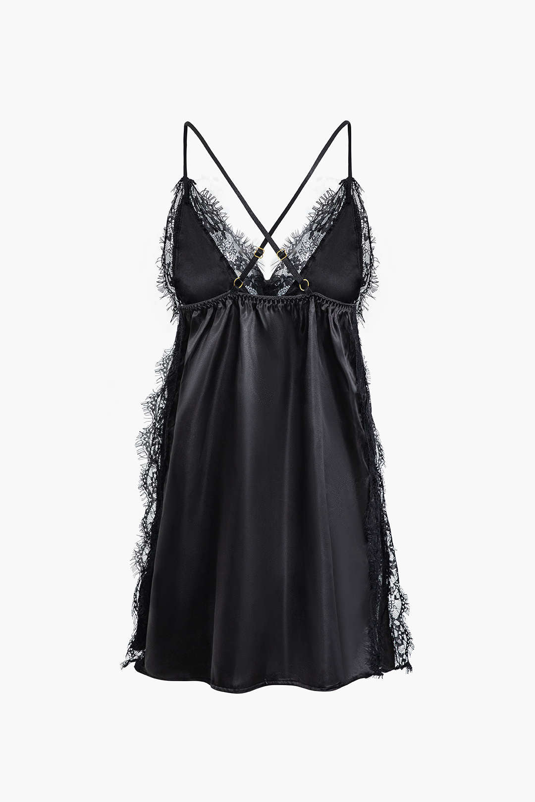 Saten Dantel Fırfırlı Yama Detaylı Sırt Açık Gecelik