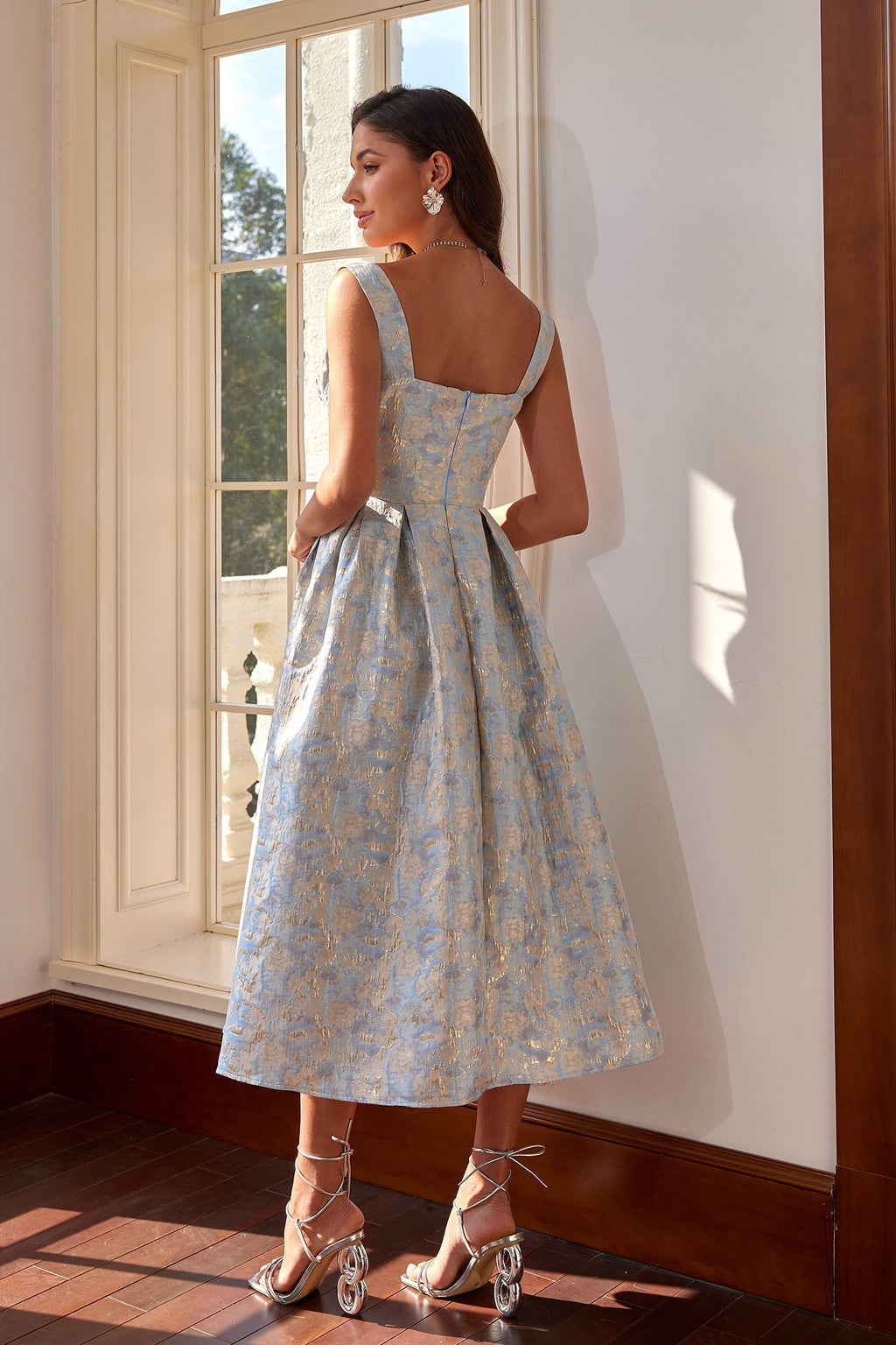 Sarah Mavi Jakarlı Midi Elbise