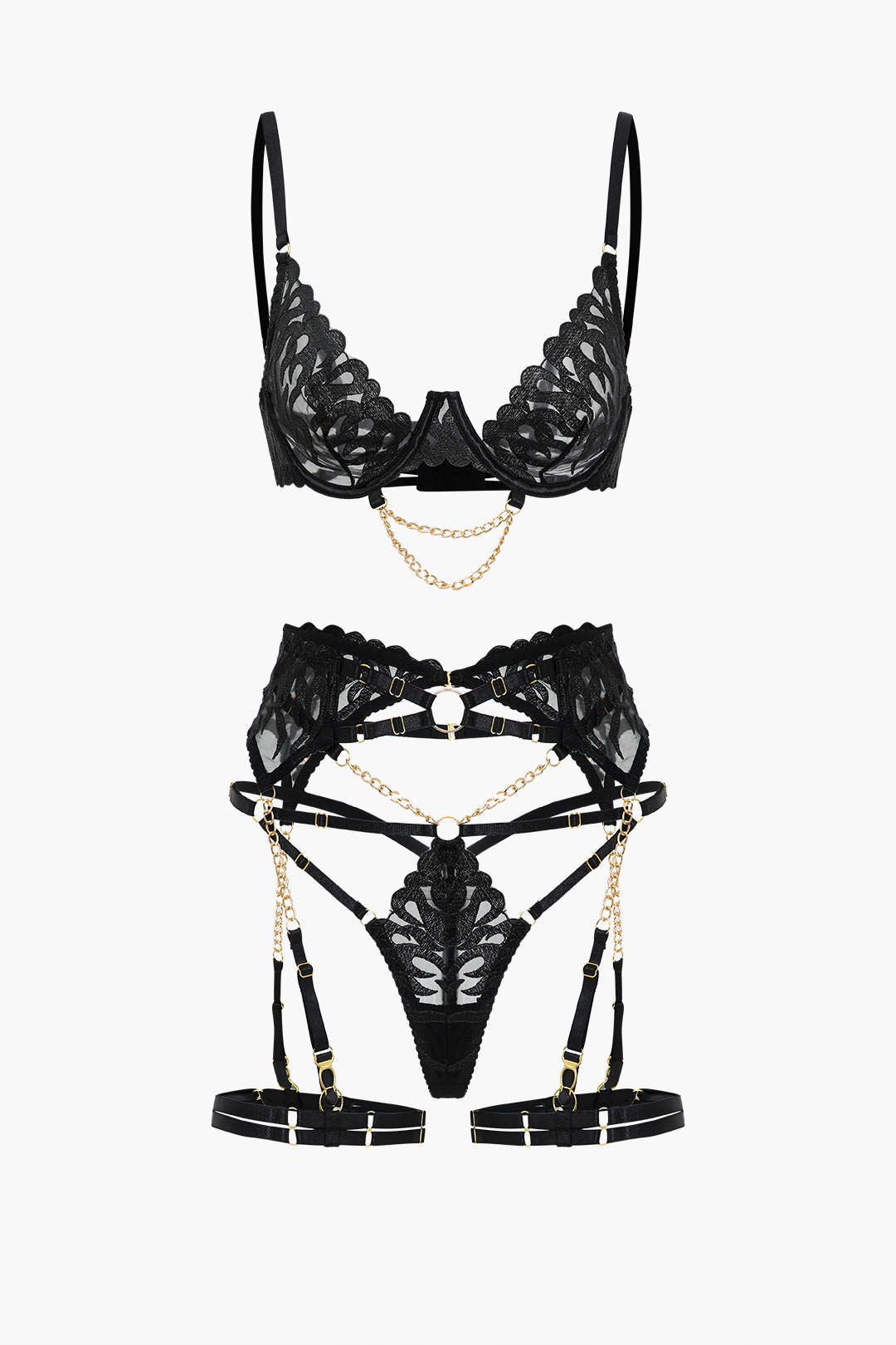 Nakışlı Zincir Detaylı Kesik İç Giyim Garter Seti