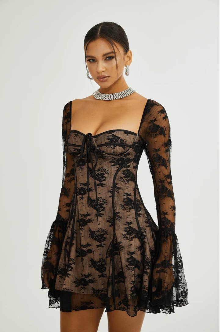 Dantelli İspanyol Kol Mini Elbise