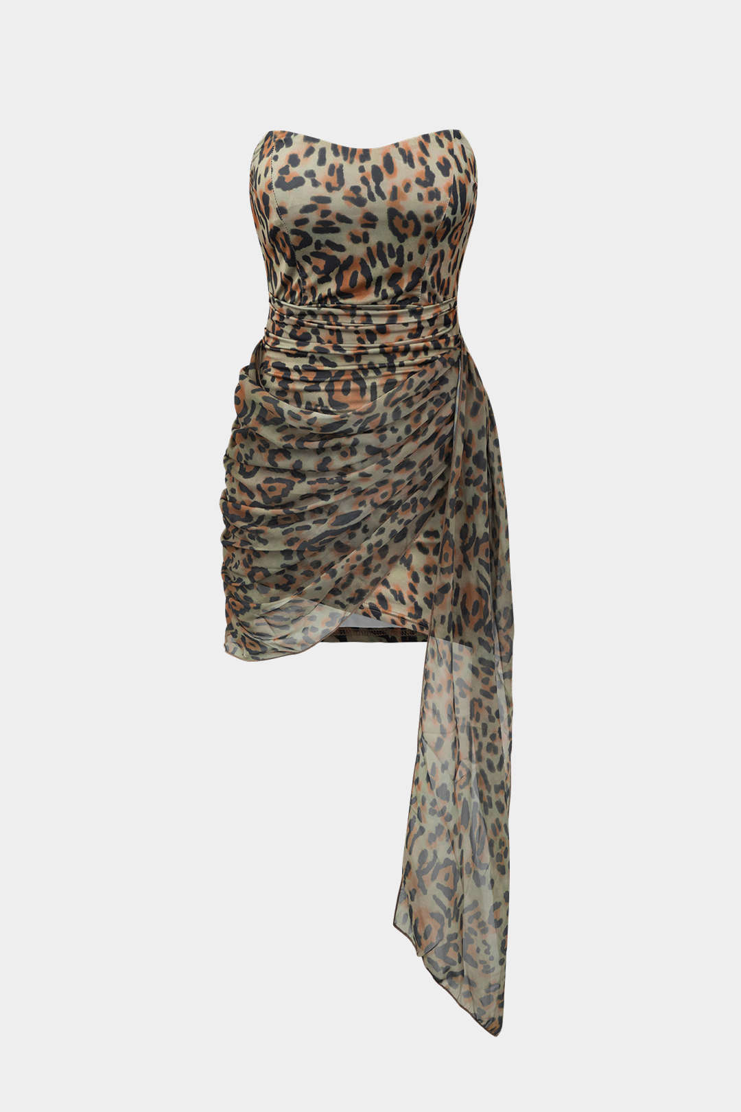 Çiçek Desenli Sarma Ruched Straplez Mini Elbise