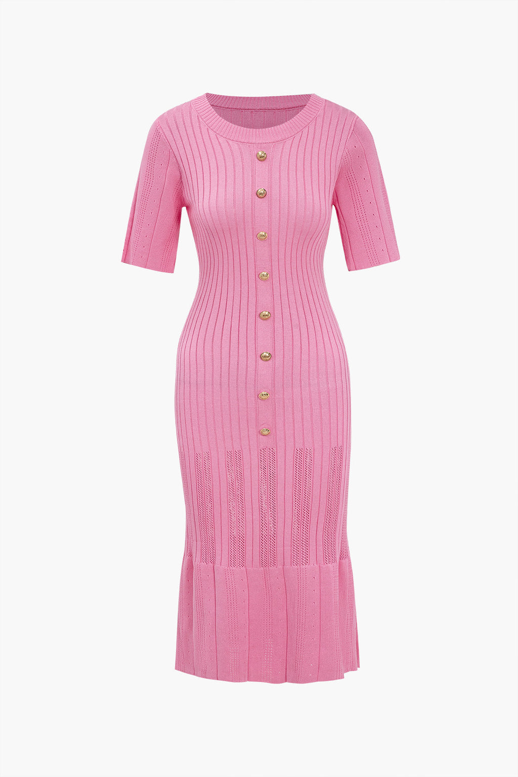 Düz Örgü Düğmeli Yuvarlak Yaka Kısa Kollu Elbise