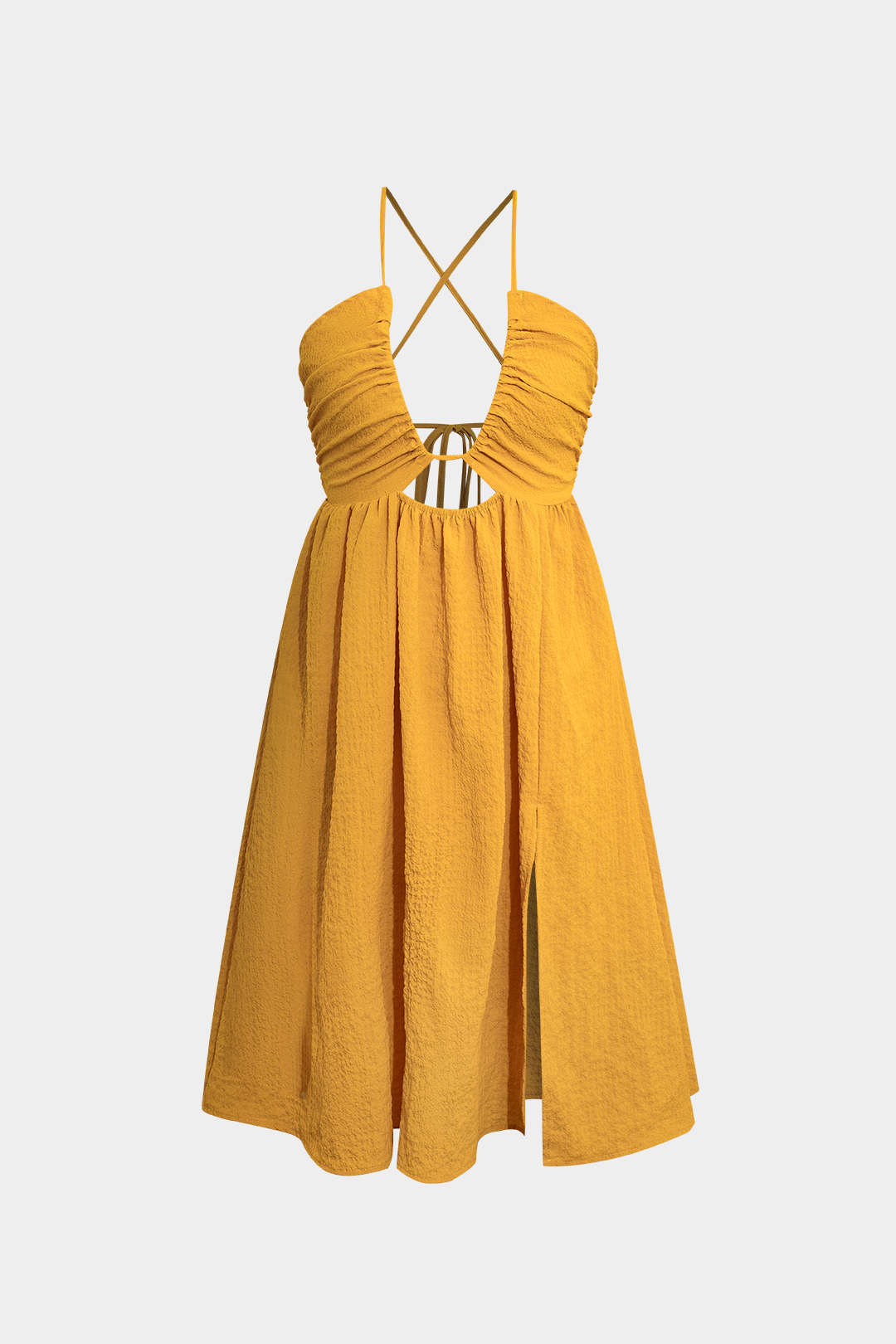 Sırt Dekolteli V Yaka Yırtmaçlı Midi Elbise