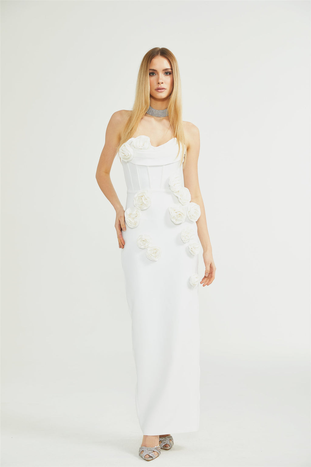 Geneviève Omuzları Açık Çiçekli Elbise