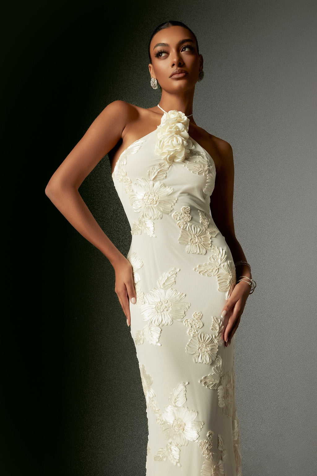 Griselda Çiçek İşlemeli Halter Yaka Maxi Elbise - Beyaz