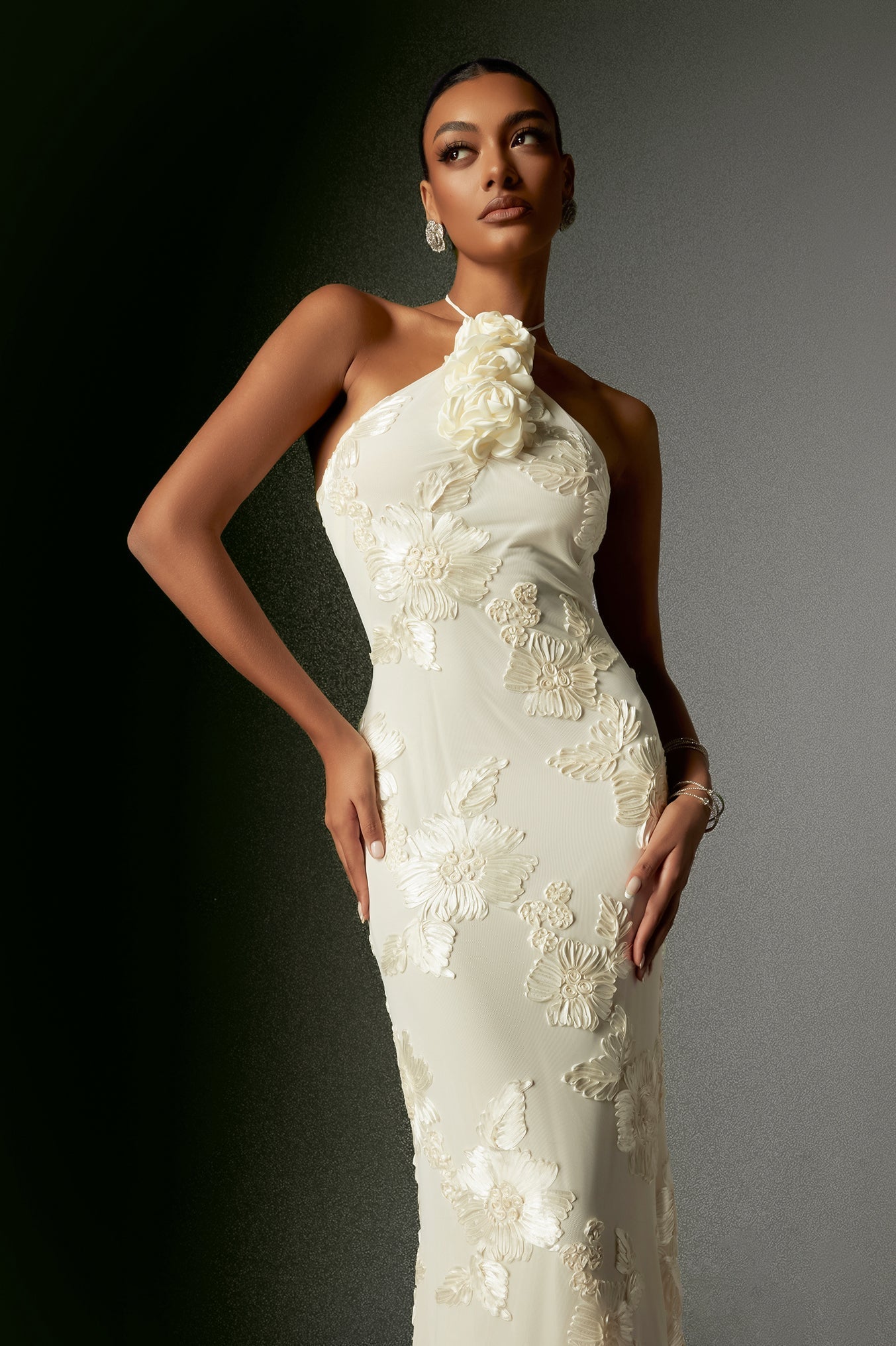 Griselda Çiçek İşlemeli Halter Yaka Maxi Elbise - Beyaz