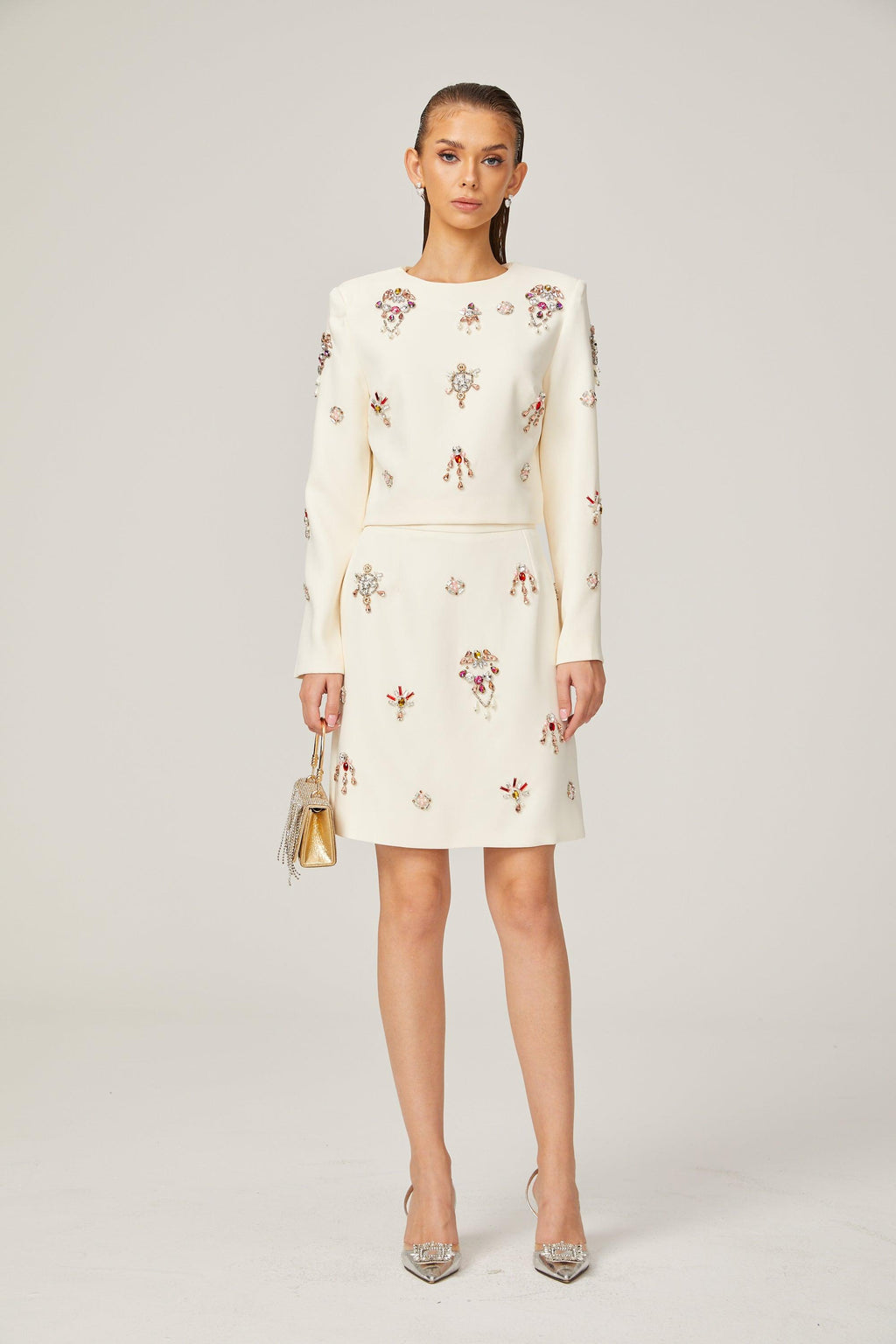 Kraliyet Işıltısı Taş İşlemeli Krem Elbise Seti