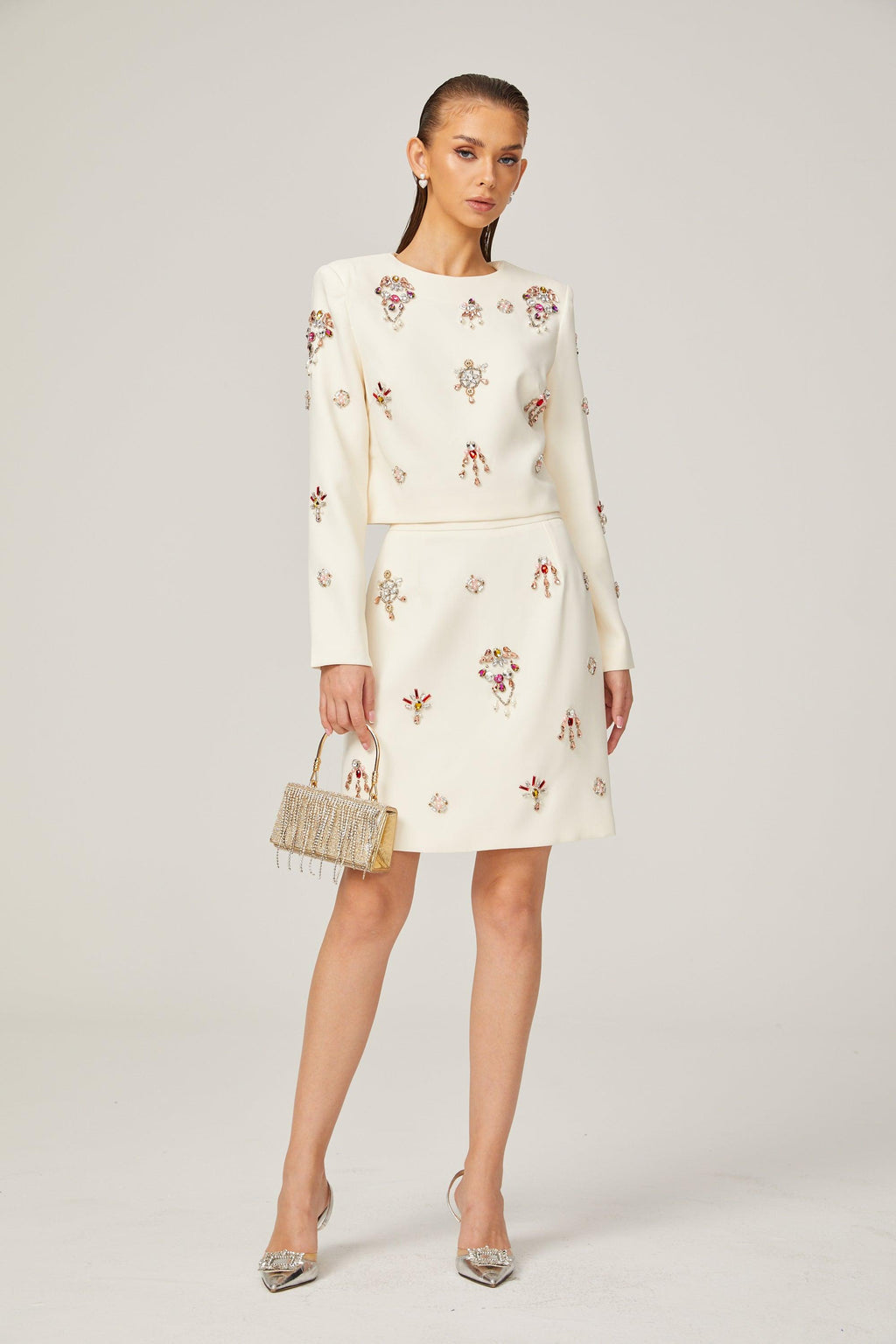 Kraliyet Işıltısı Taş İşlemeli Krem Elbise Seti