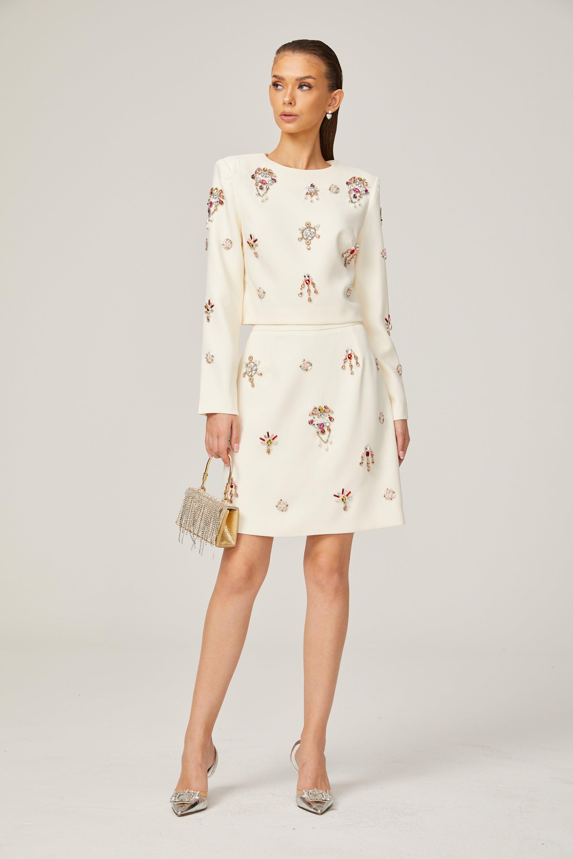 Kraliyet Işıltısı Taş İşlemeli Krem Elbise Seti