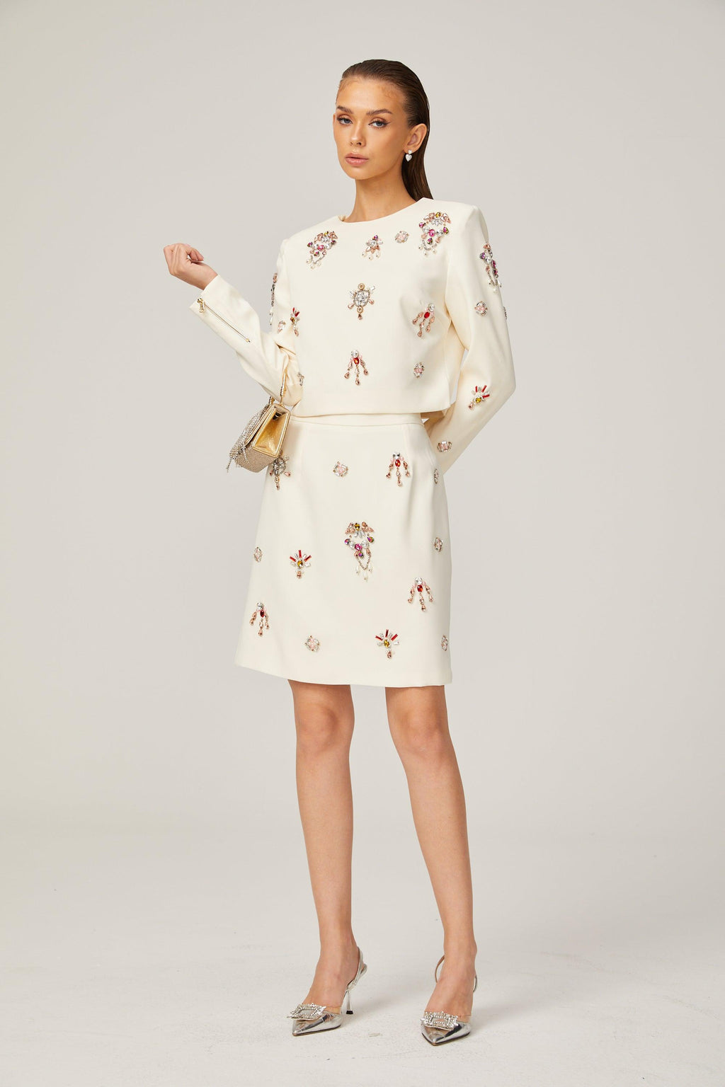 Kraliyet Işıltısı Taş İşlemeli Krem Elbise Seti