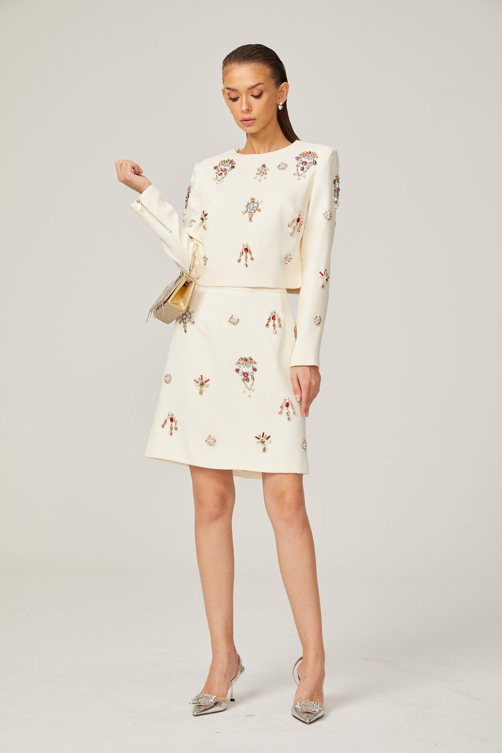 Kraliyet Işıltısı Taş İşlemeli Krem Elbise Seti