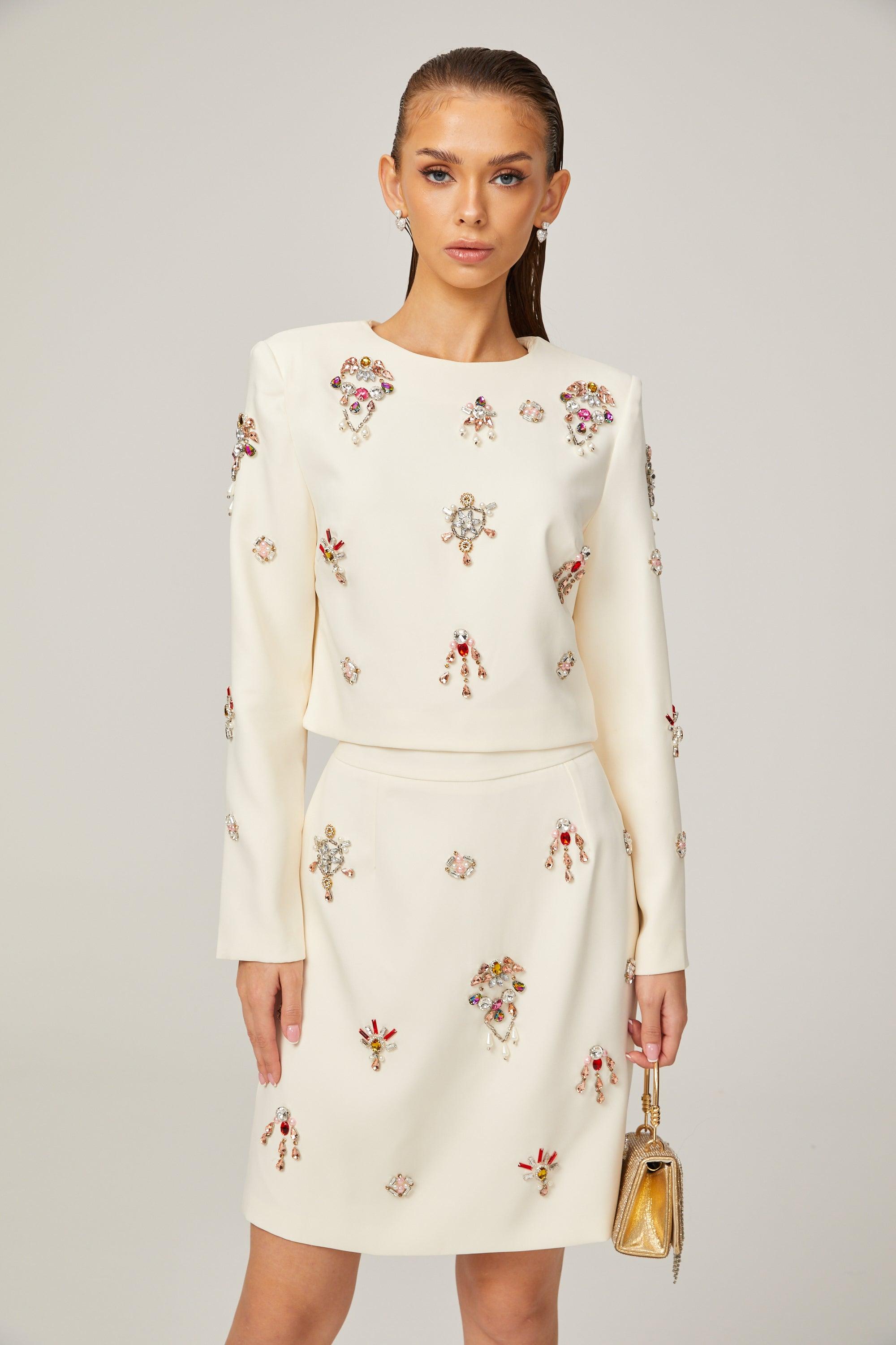 Kraliyet Işıltısı Taş İşlemeli Krem Elbise Seti