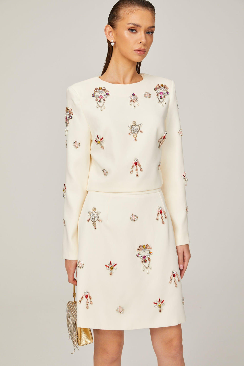 Kraliyet Işıltısı Taş İşlemeli Krem Elbise Seti