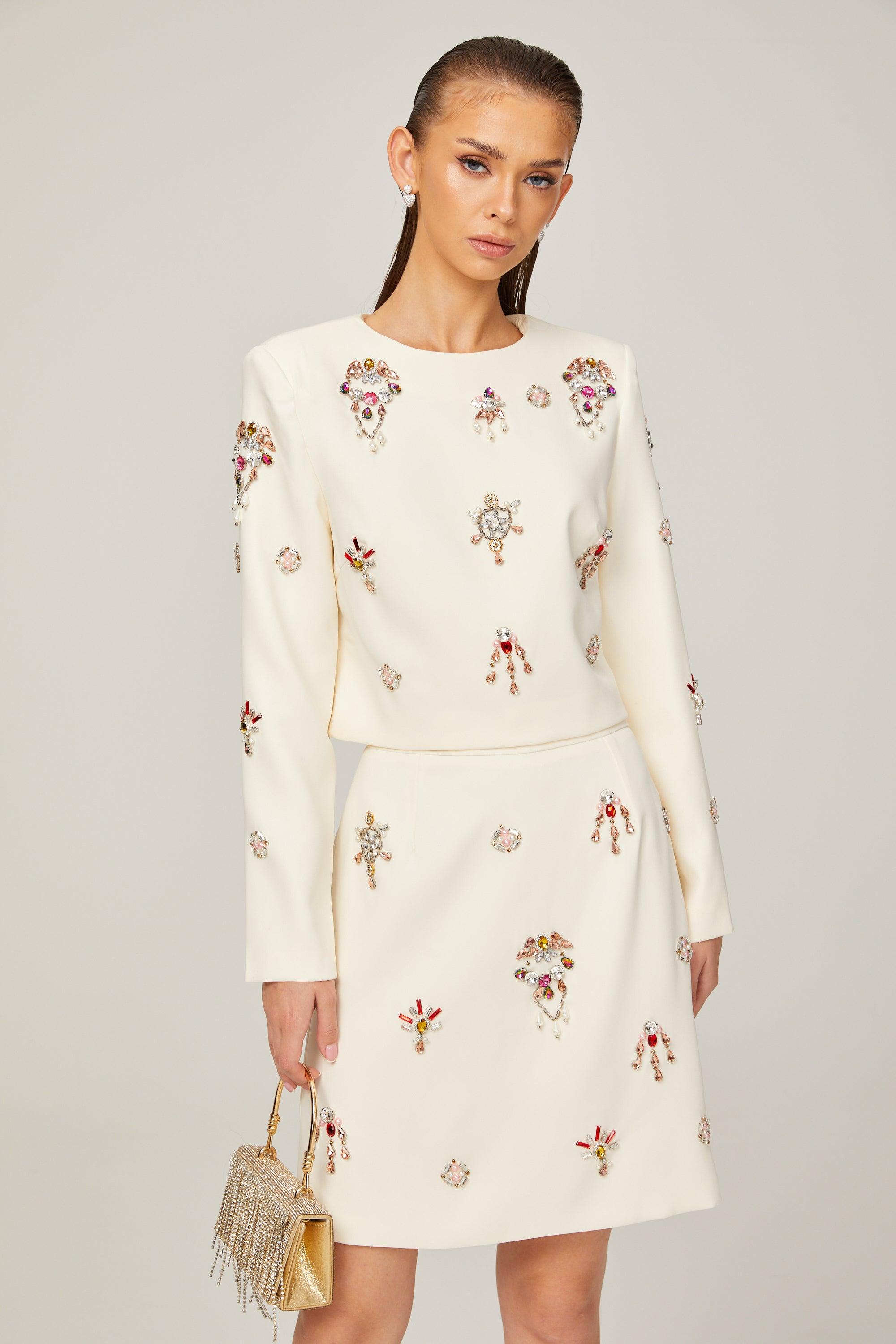 Kraliyet Işıltısı Taş İşlemeli Krem Elbise Seti