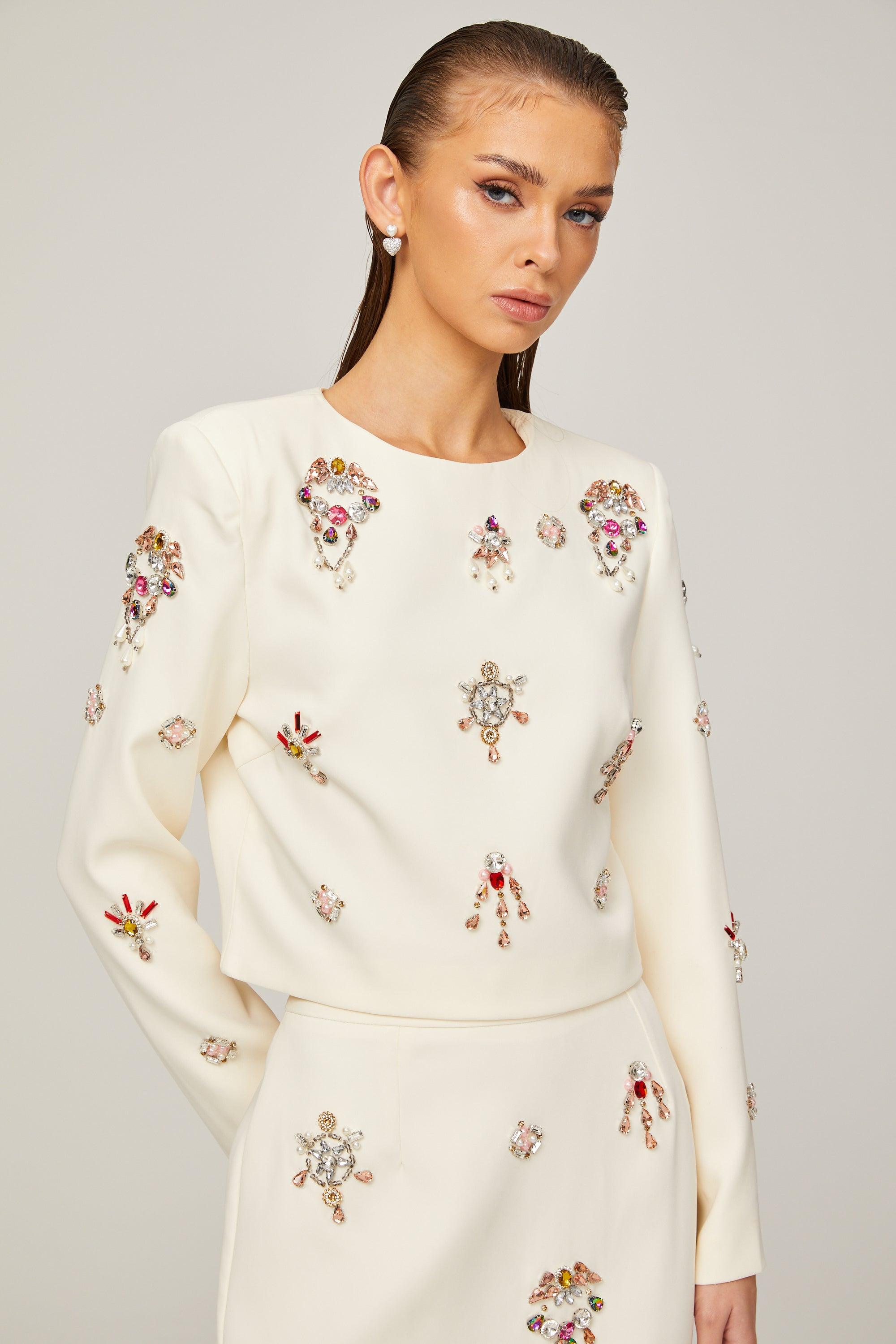 Kraliyet Işıltısı Taş İşlemeli Krem Elbise Seti