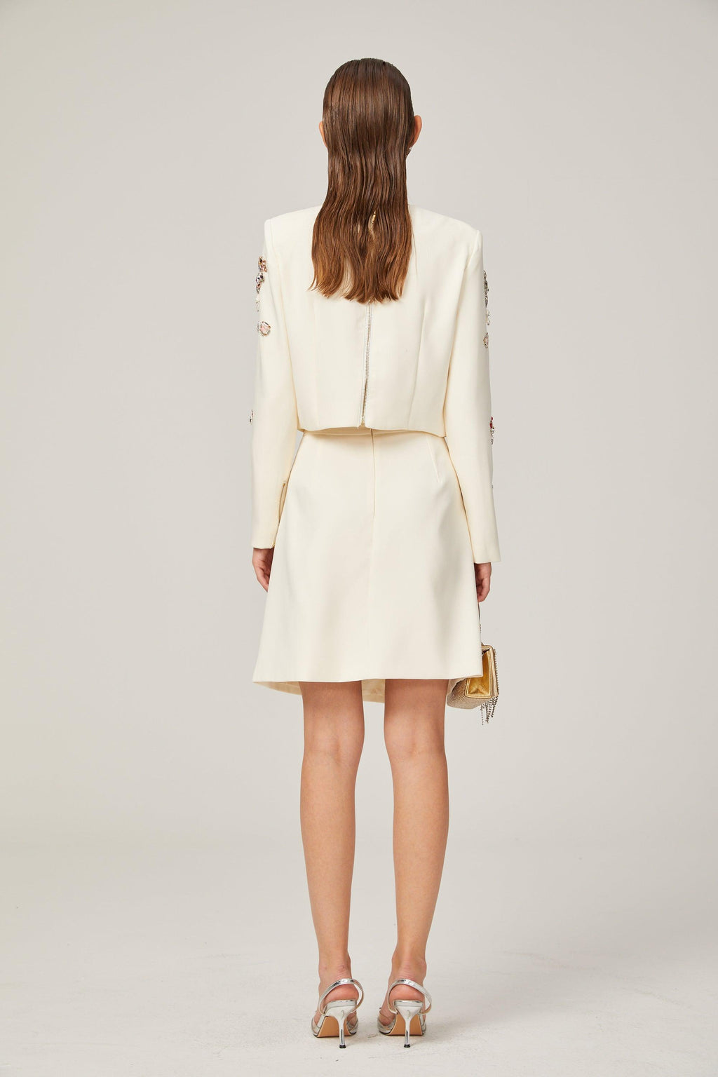 Kraliyet Işıltısı Taş İşlemeli Krem Elbise Seti