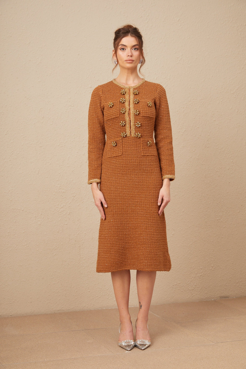 Kahverengi Örgü Kenarlı Tweed Elbise