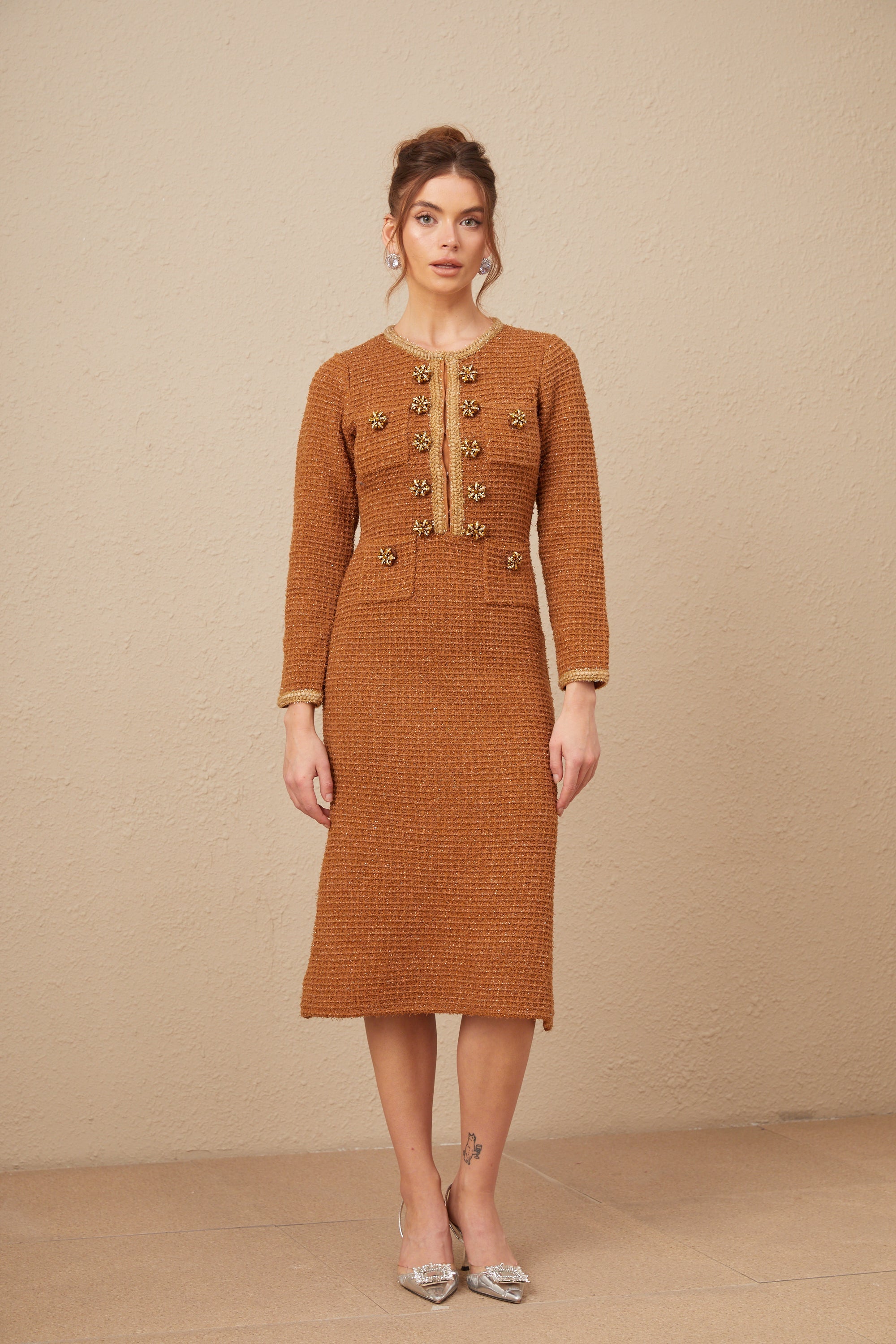 Kahverengi Örgü Kenarlı Tweed Elbise