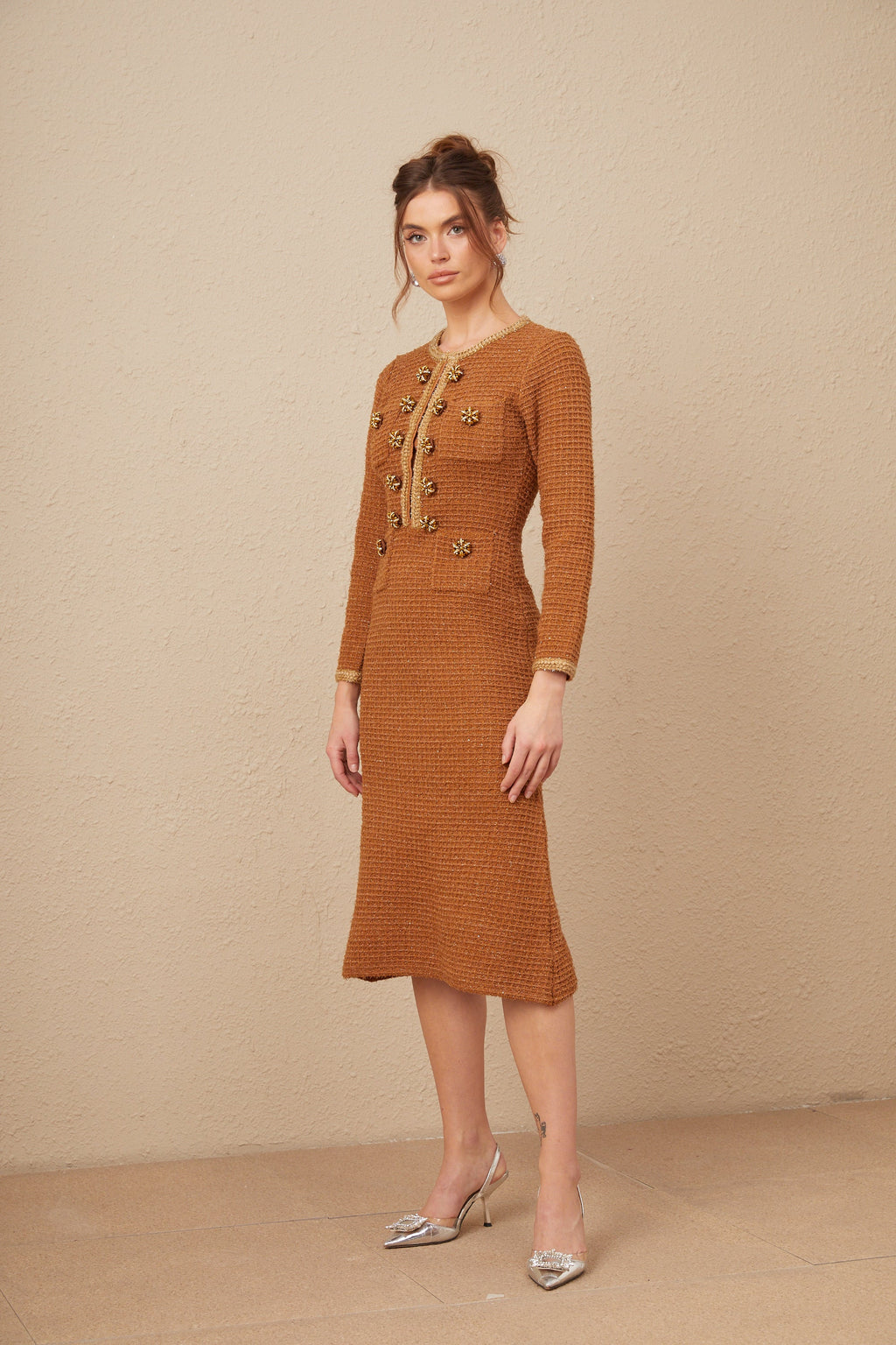 Kahverengi Örgü Kenarlı Tweed Elbise