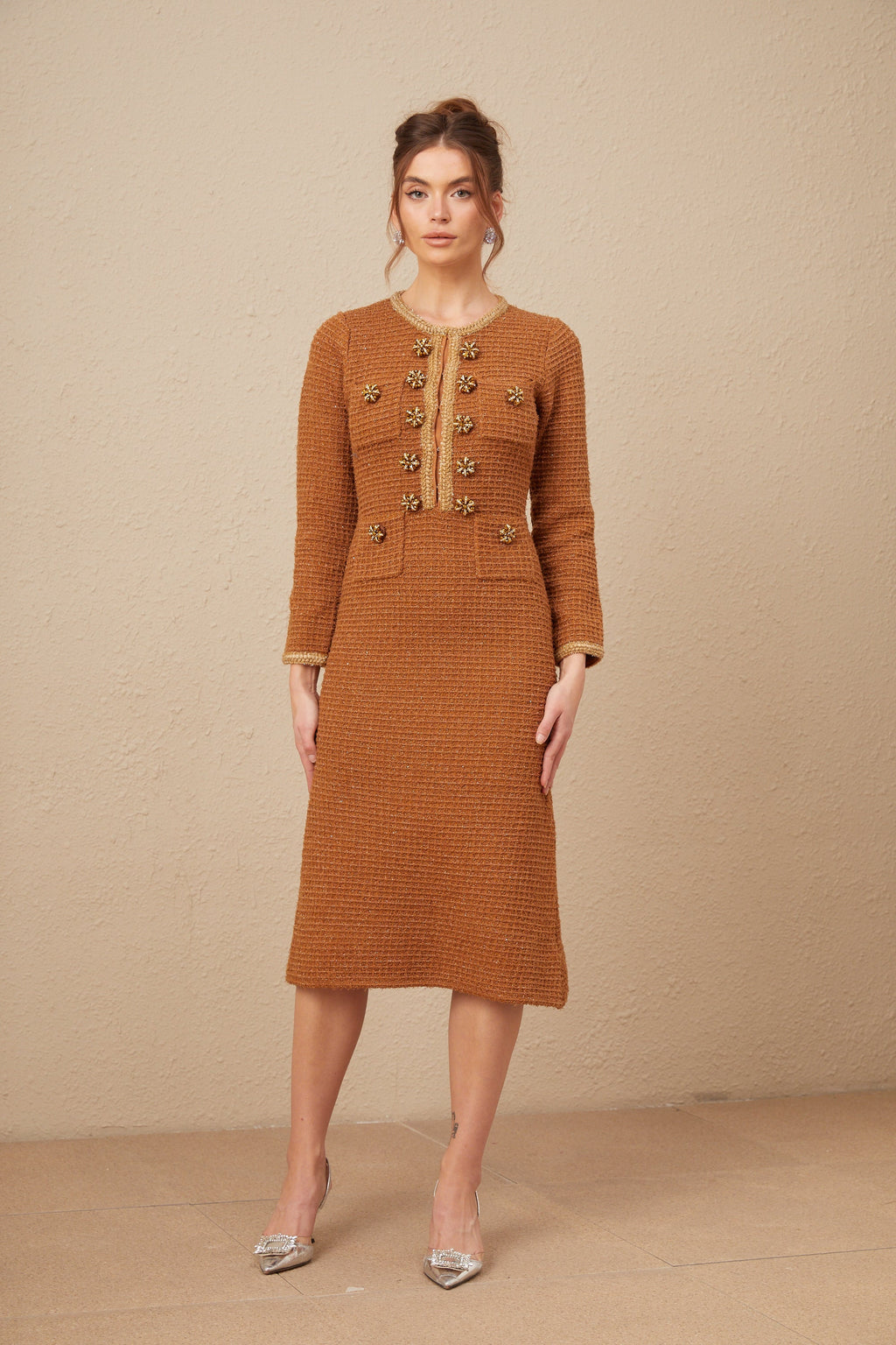 Kahverengi Örgü Kenarlı Tweed Elbise