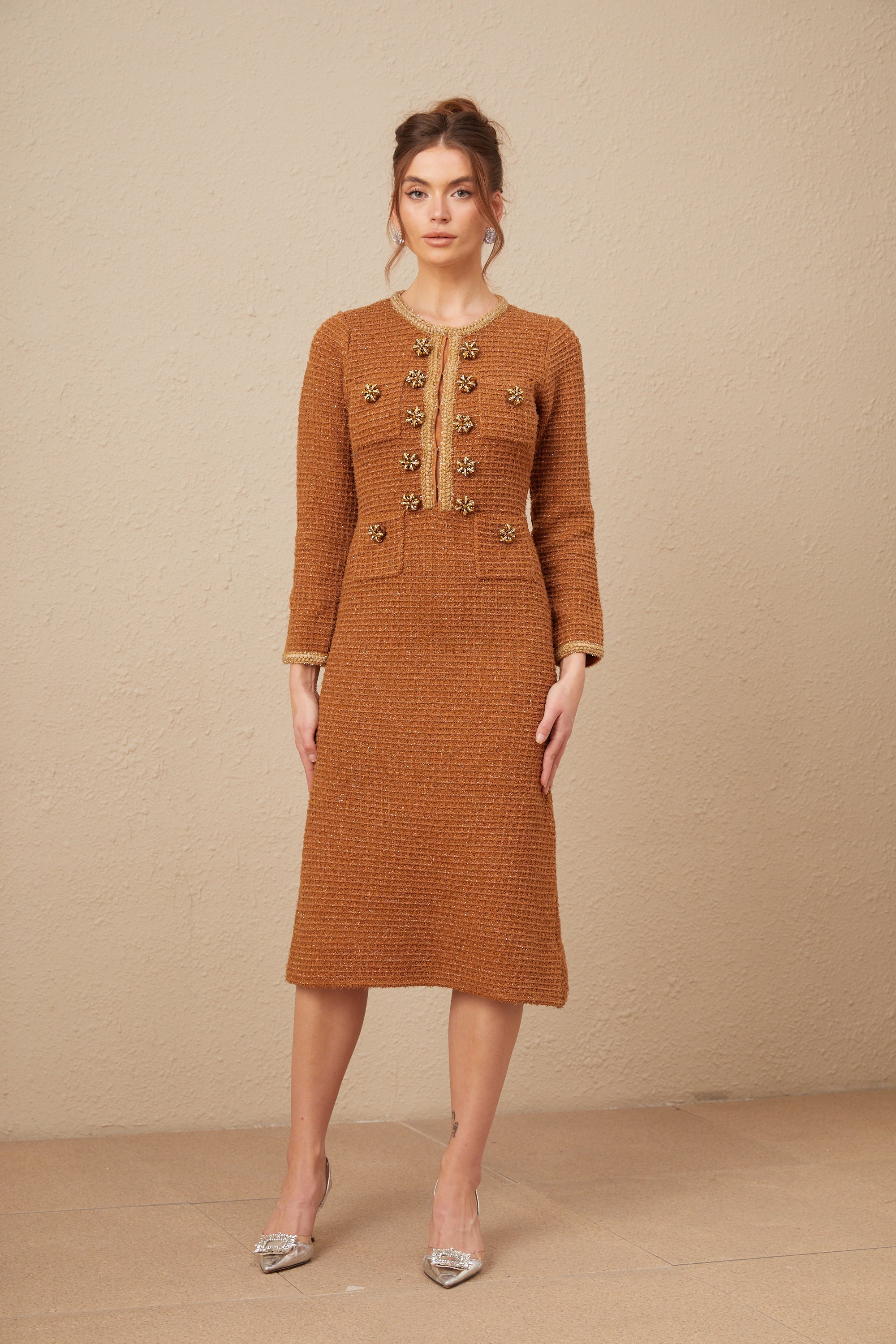 Kahverengi Örgü Kenarlı Tweed Elbise