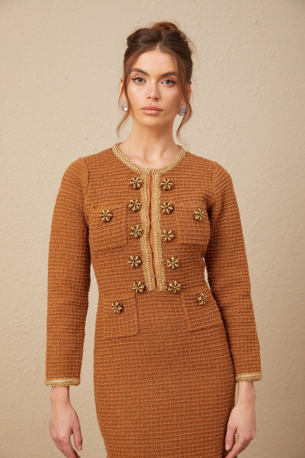 Kahverengi Örgü Kenarlı Tweed Elbise