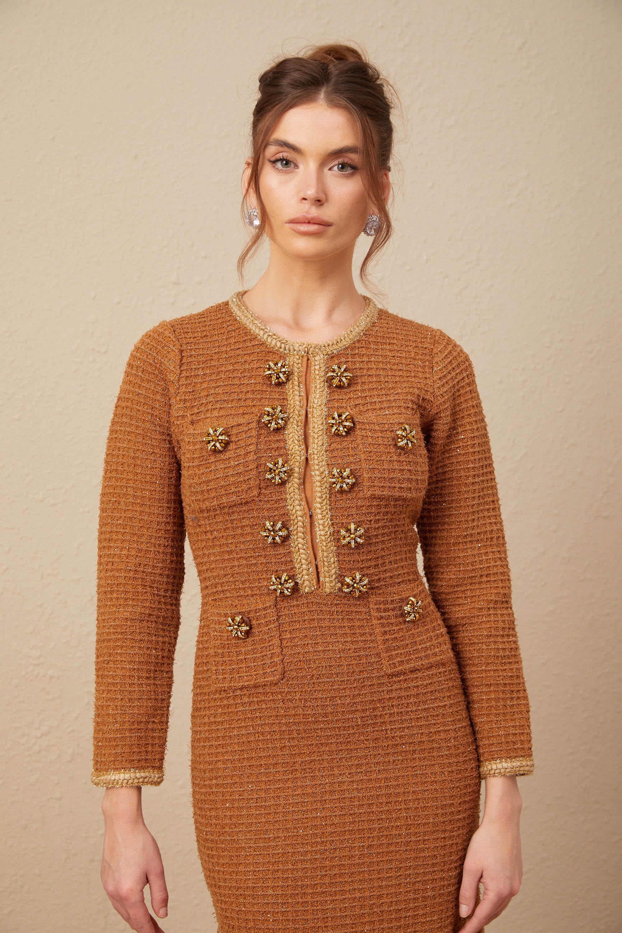 Kahverengi Örgü Kenarlı Tweed Elbise