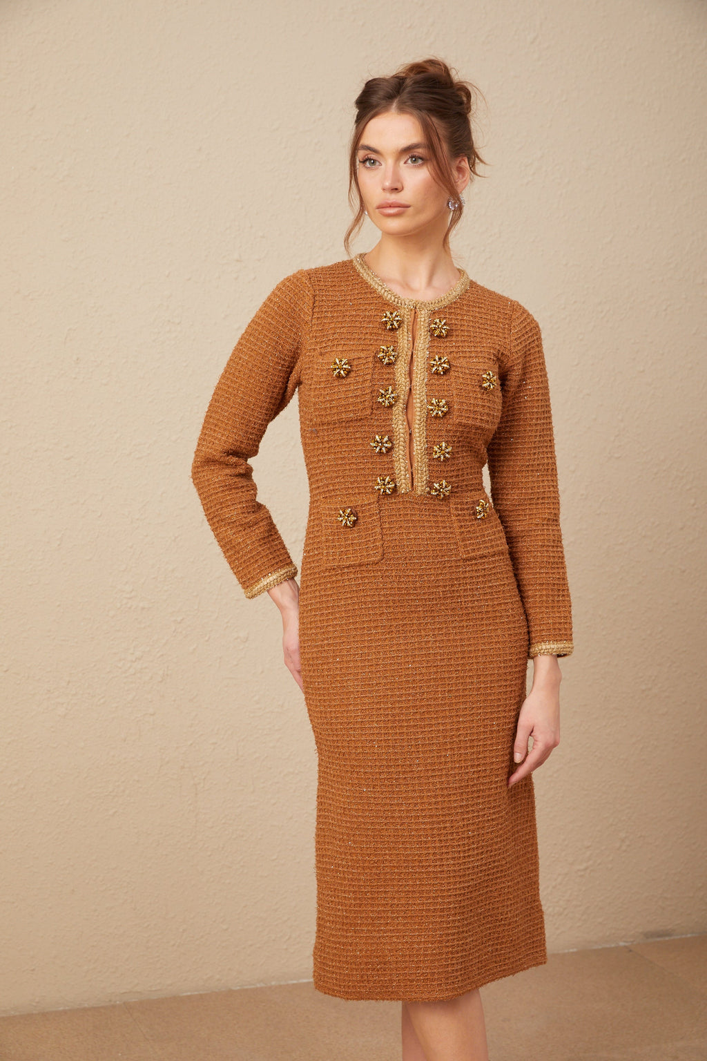 Kahverengi Örgü Kenarlı Tweed Elbise