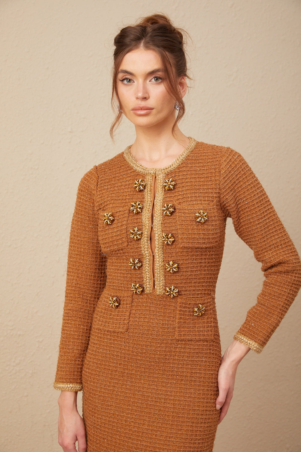 Kahverengi Örgü Kenarlı Tweed Elbise