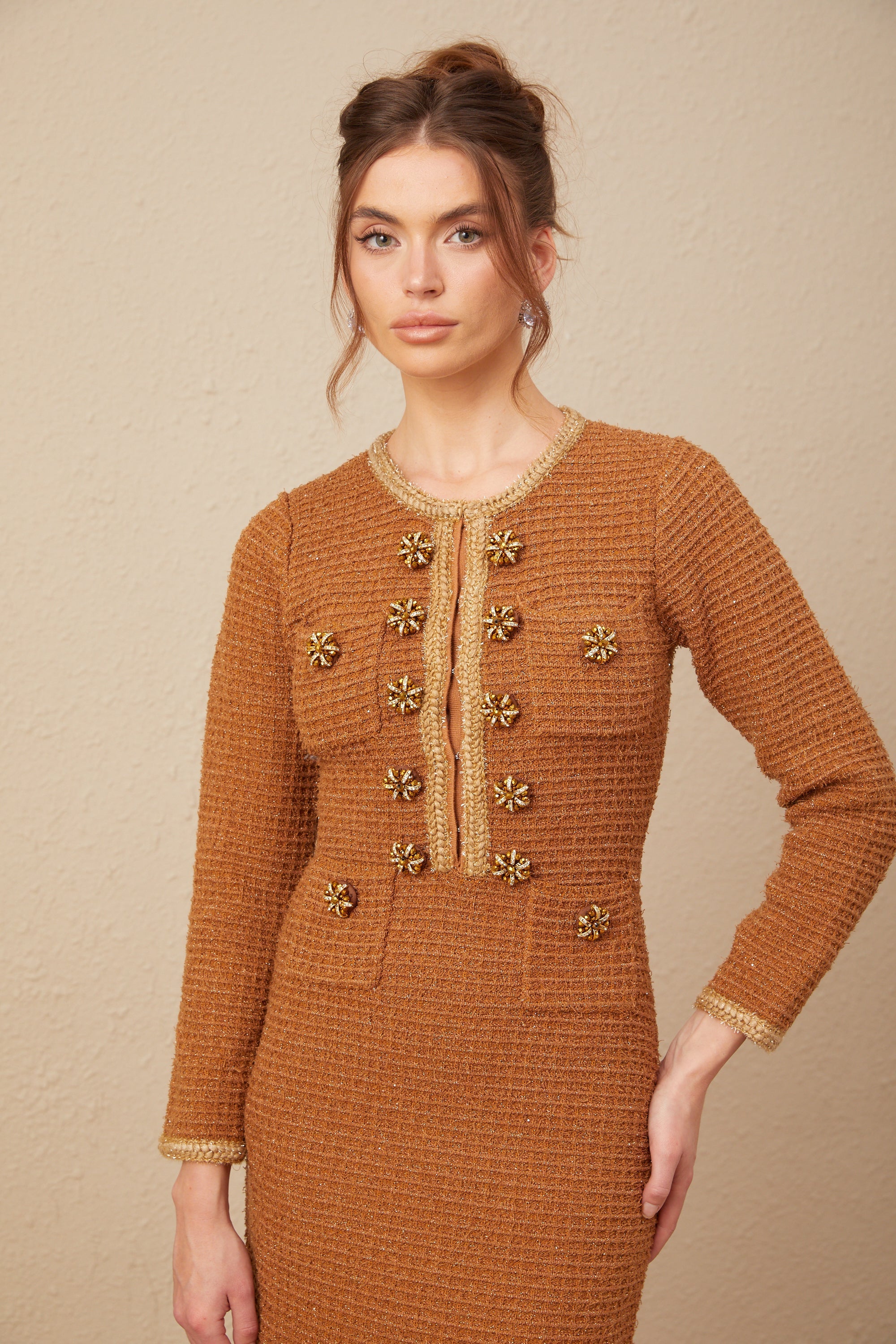 Kahverengi Örgü Kenarlı Tweed Elbise