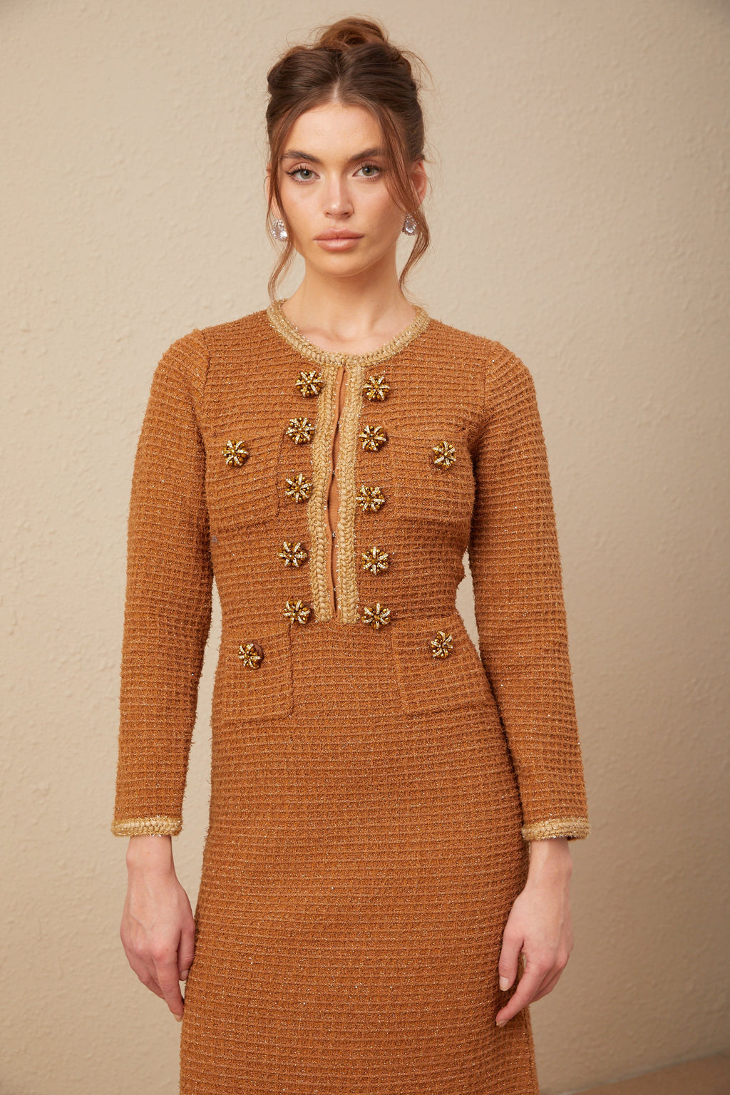 Kahverengi Örgü Kenarlı Tweed Elbise