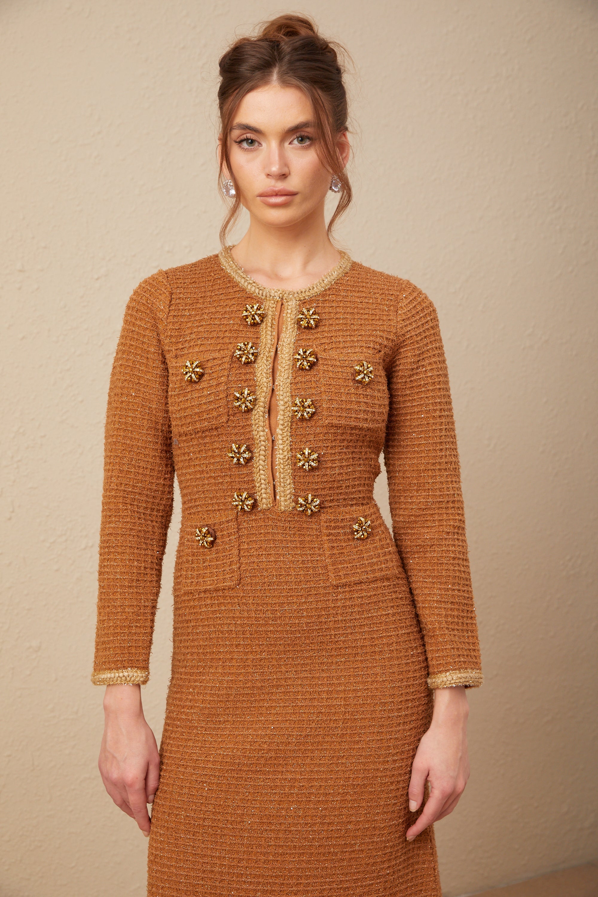 Kahverengi Örgü Kenarlı Tweed Elbise