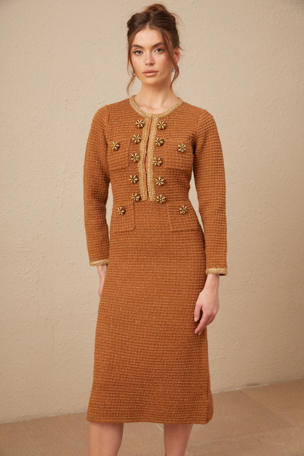 Kahverengi Örgü Kenarlı Tweed Elbise