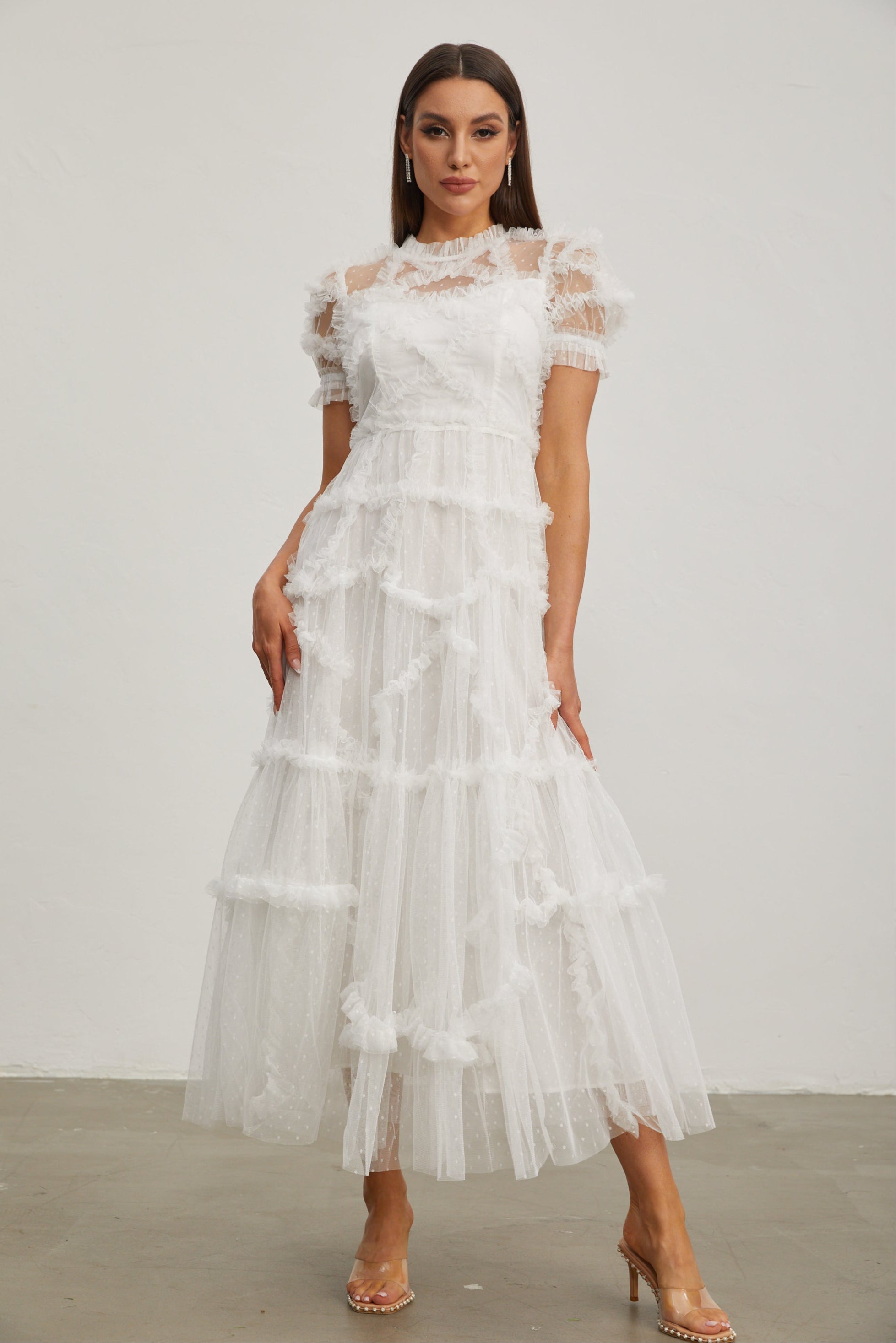 Katia Beyaz Fırfırlı Şifon Midi Elbise