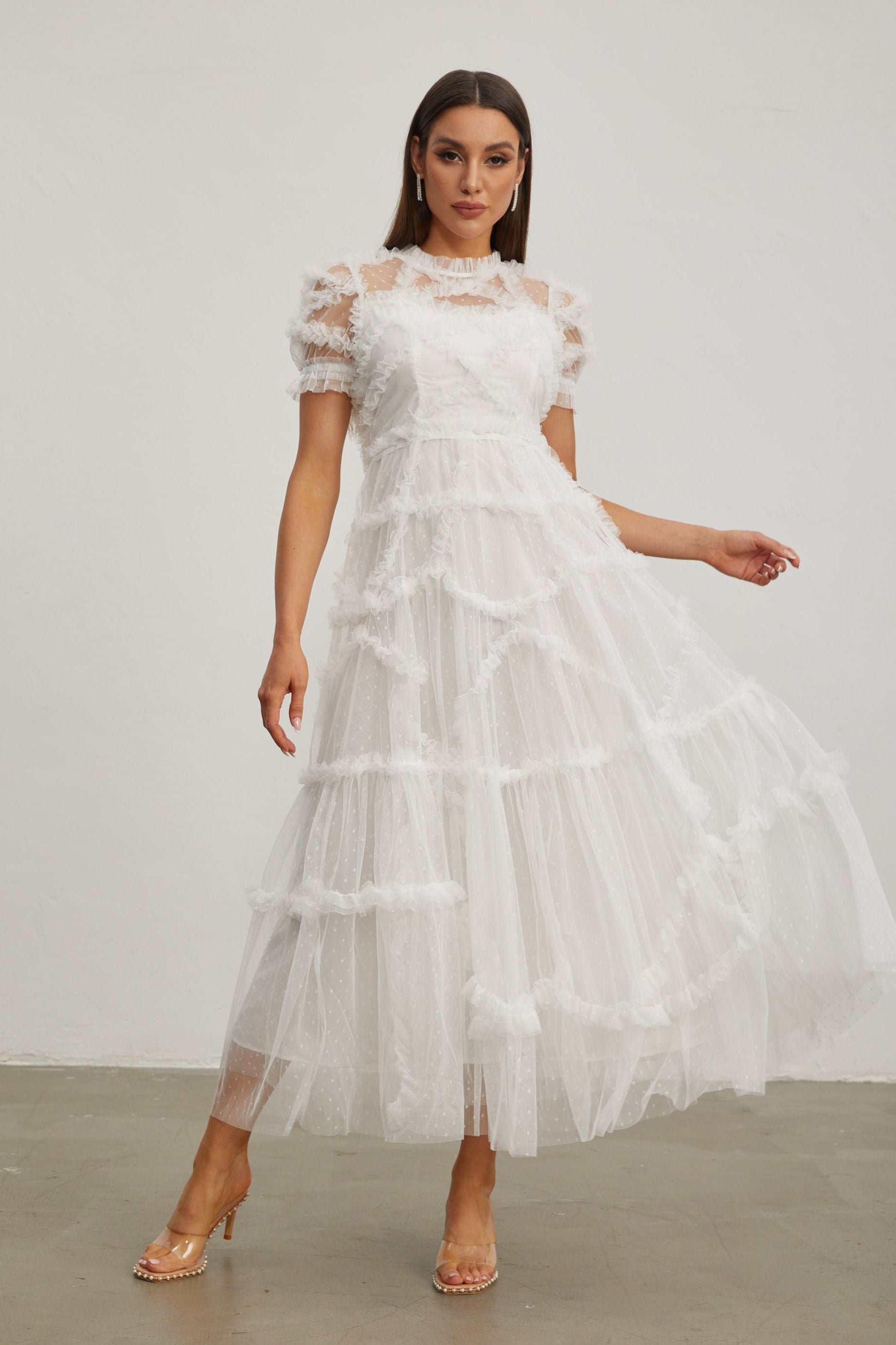 Fırfırlı Şifon Midi Elbise