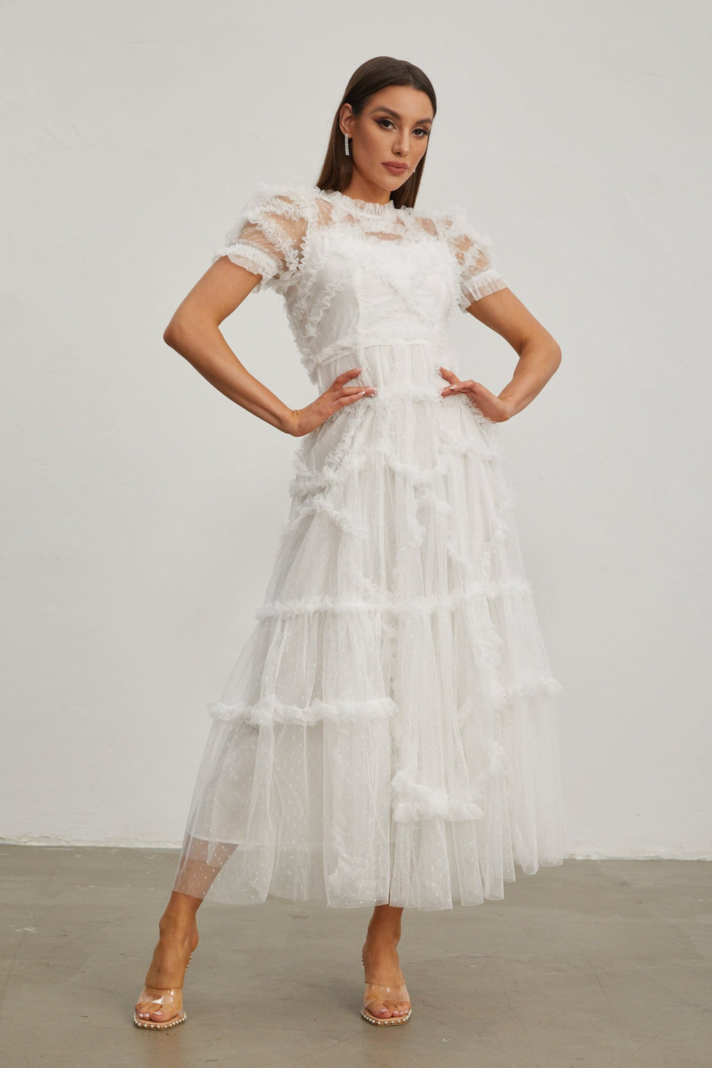 Katia Beyaz Fırfırlı Şifon Midi Elbise