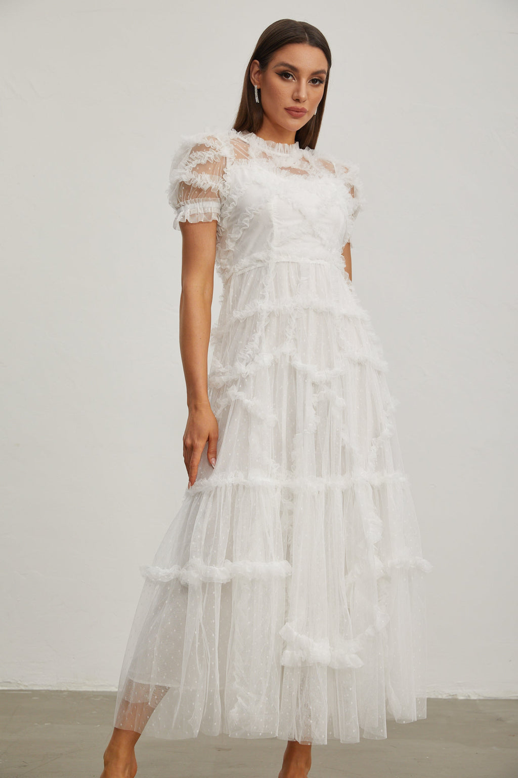 Katia Beyaz Fırfırlı Şifon Midi Elbise