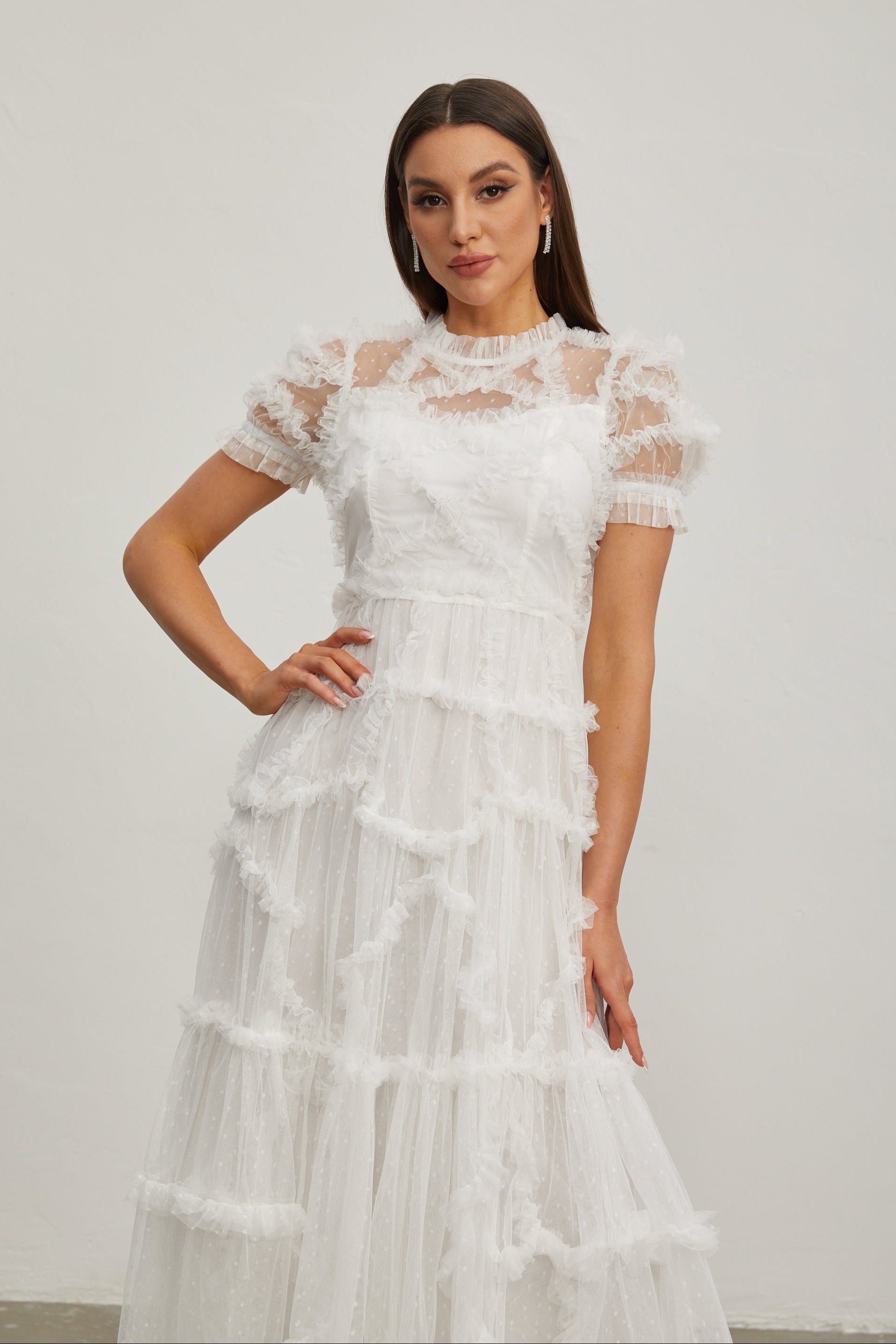 Katia Beyaz Fırfırlı Şifon Midi Elbise