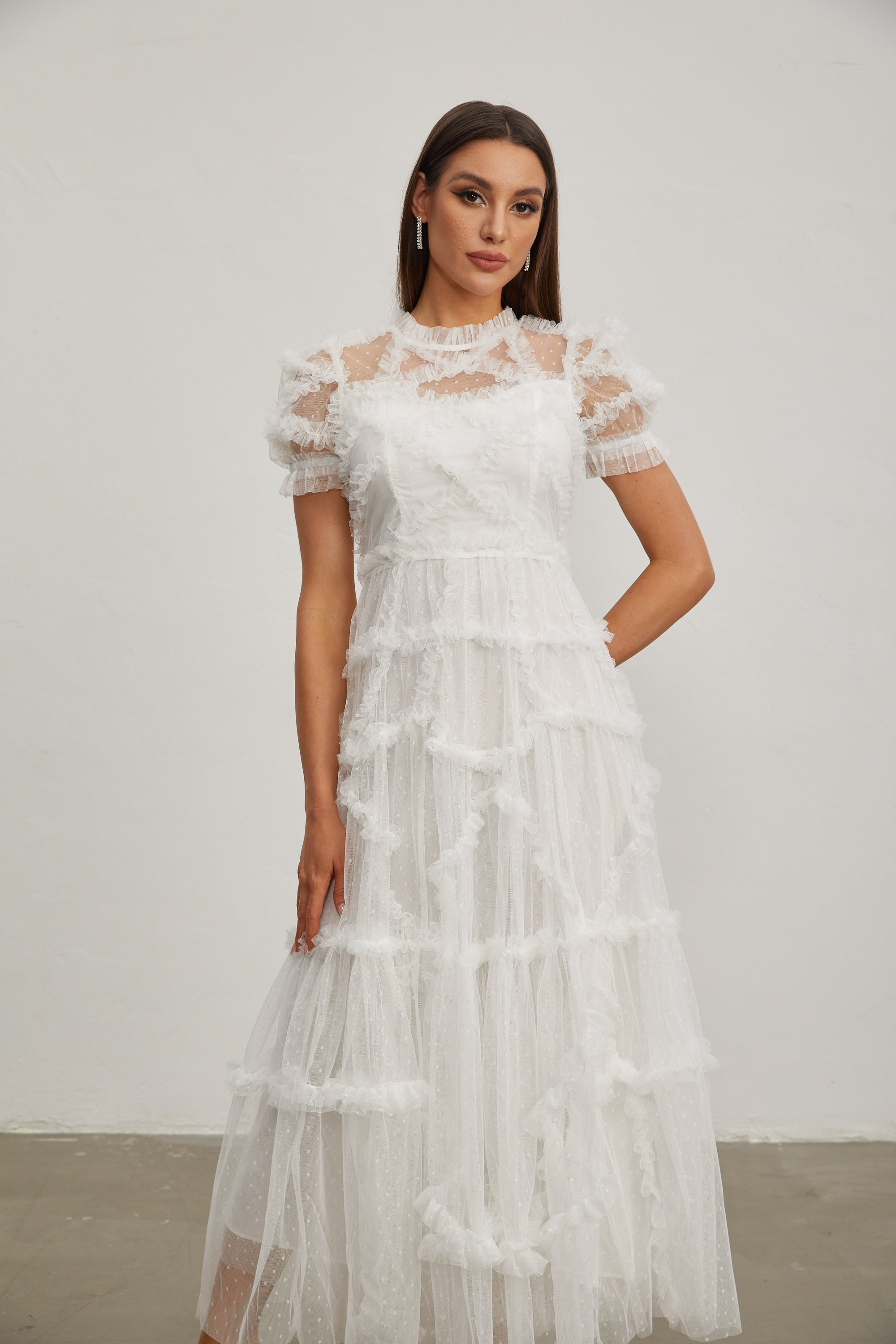 Katia Beyaz Fırfırlı Şifon Midi Elbise