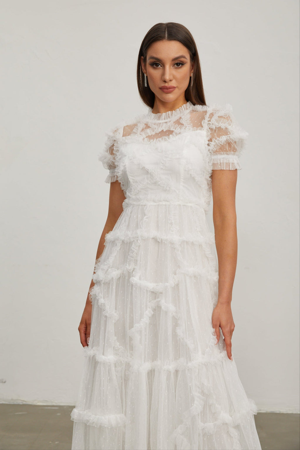 Katia Beyaz Fırfırlı Şifon Midi Elbise