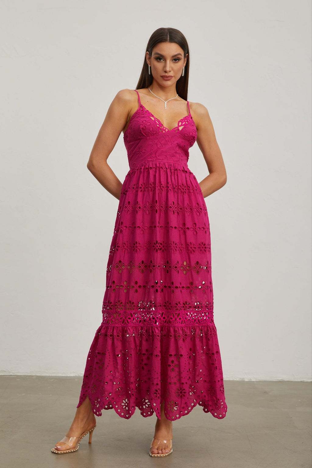 Quitterie Ahududu Dantel Kolsuz Midi Elbise