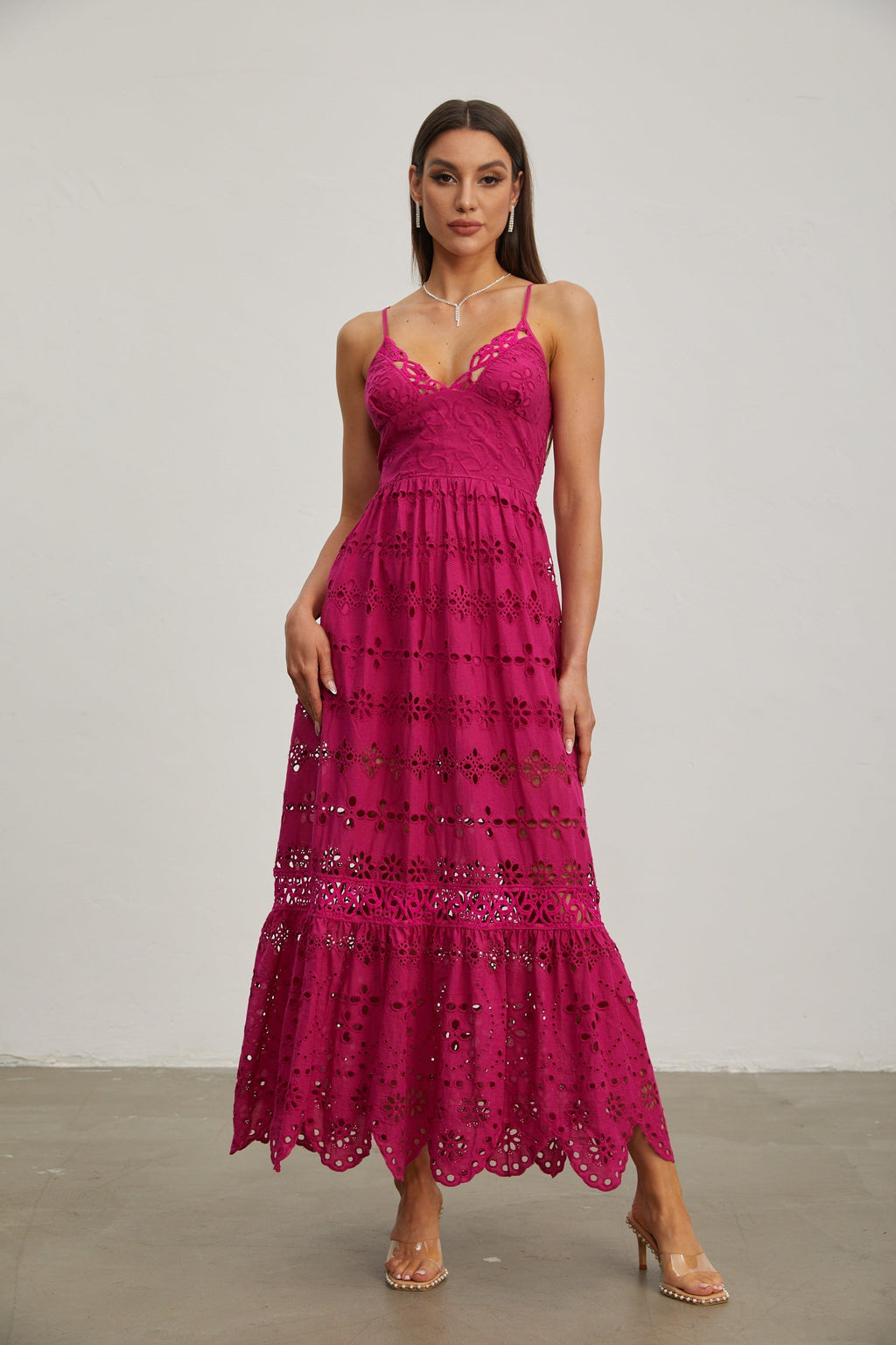 Quitterie Ahududu Dantel Kolsuz Midi Elbise