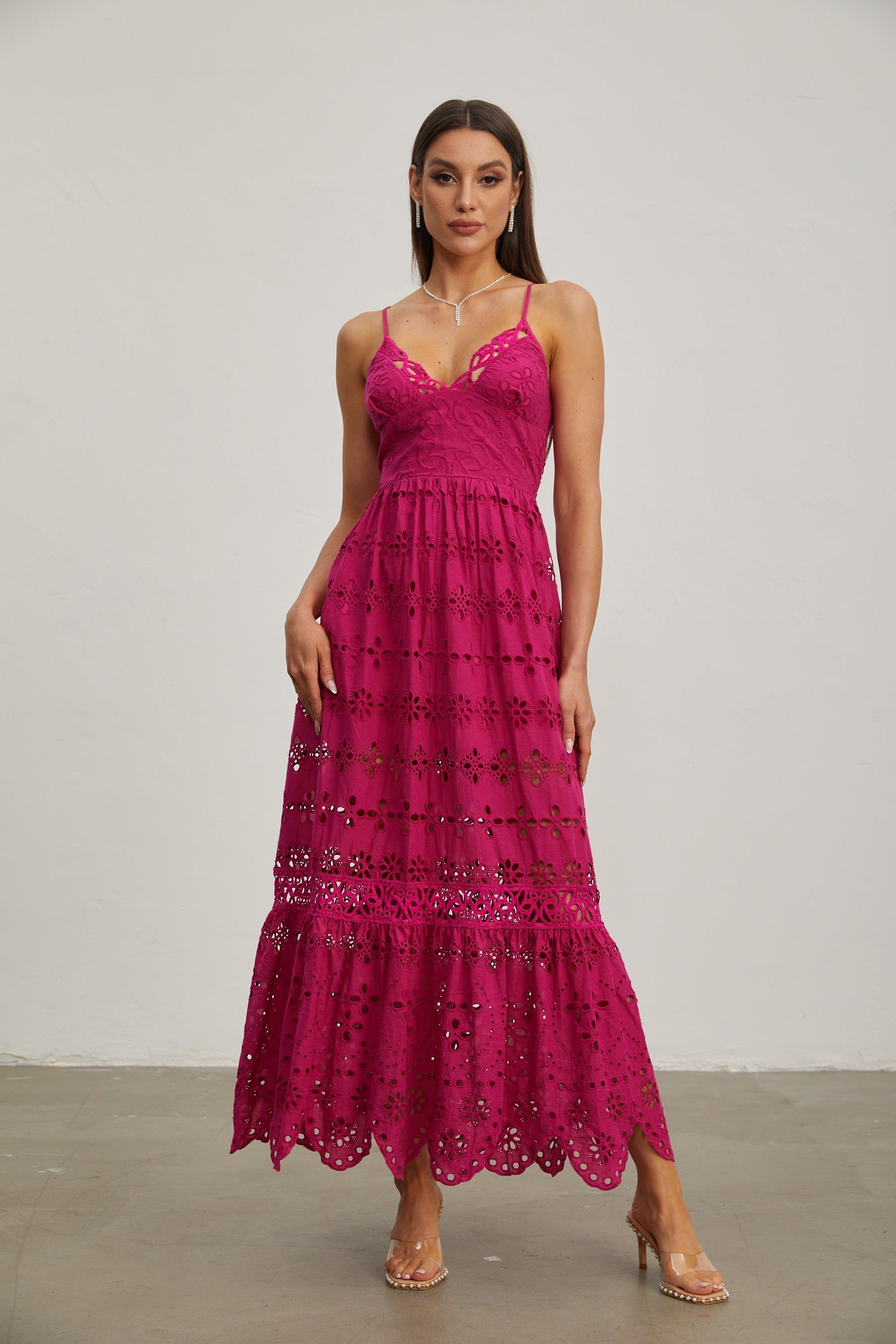 Quitterie Ahududu Dantel Kolsuz Midi Elbise