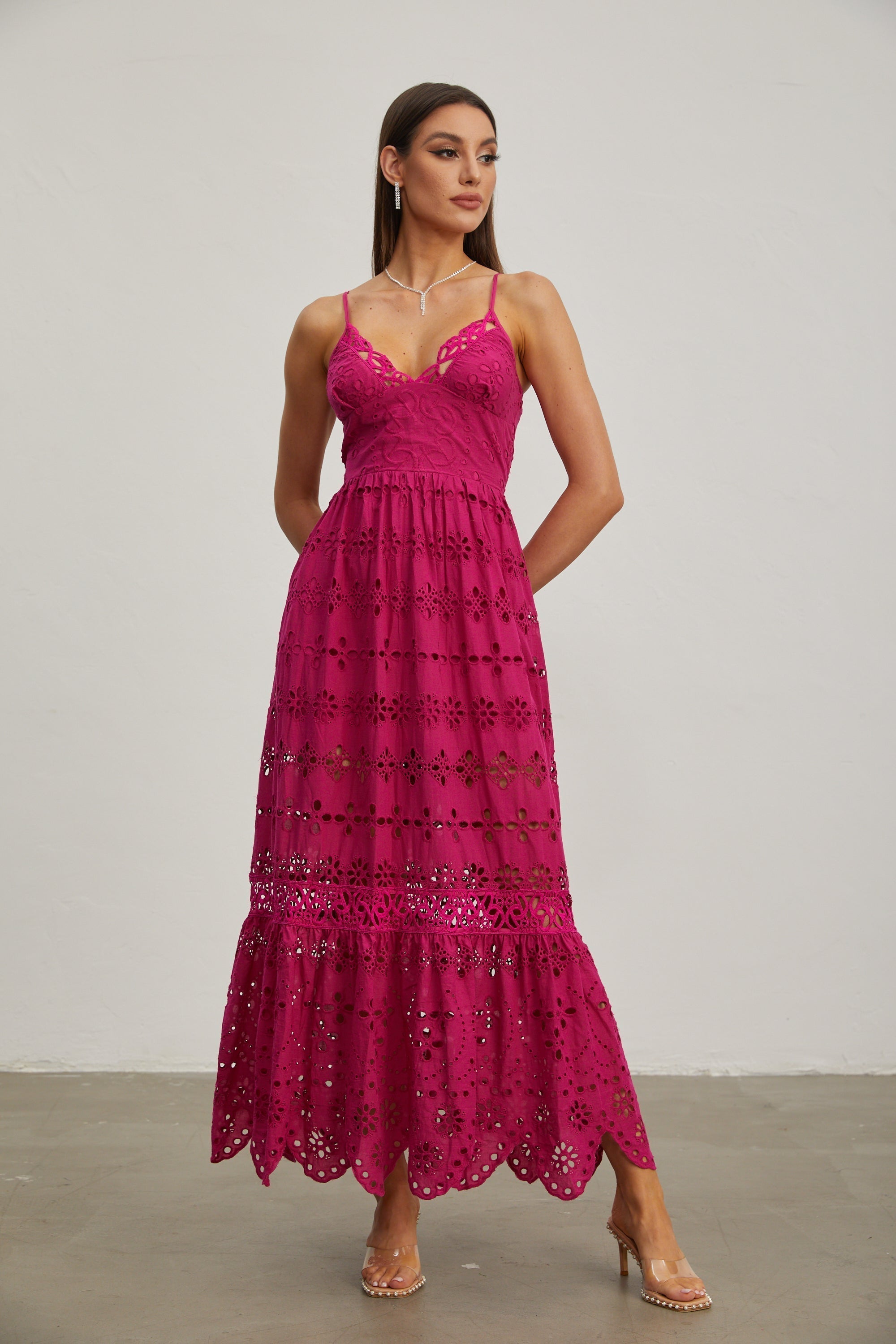 Quitterie Ahududu Dantel Kolsuz Midi Elbise