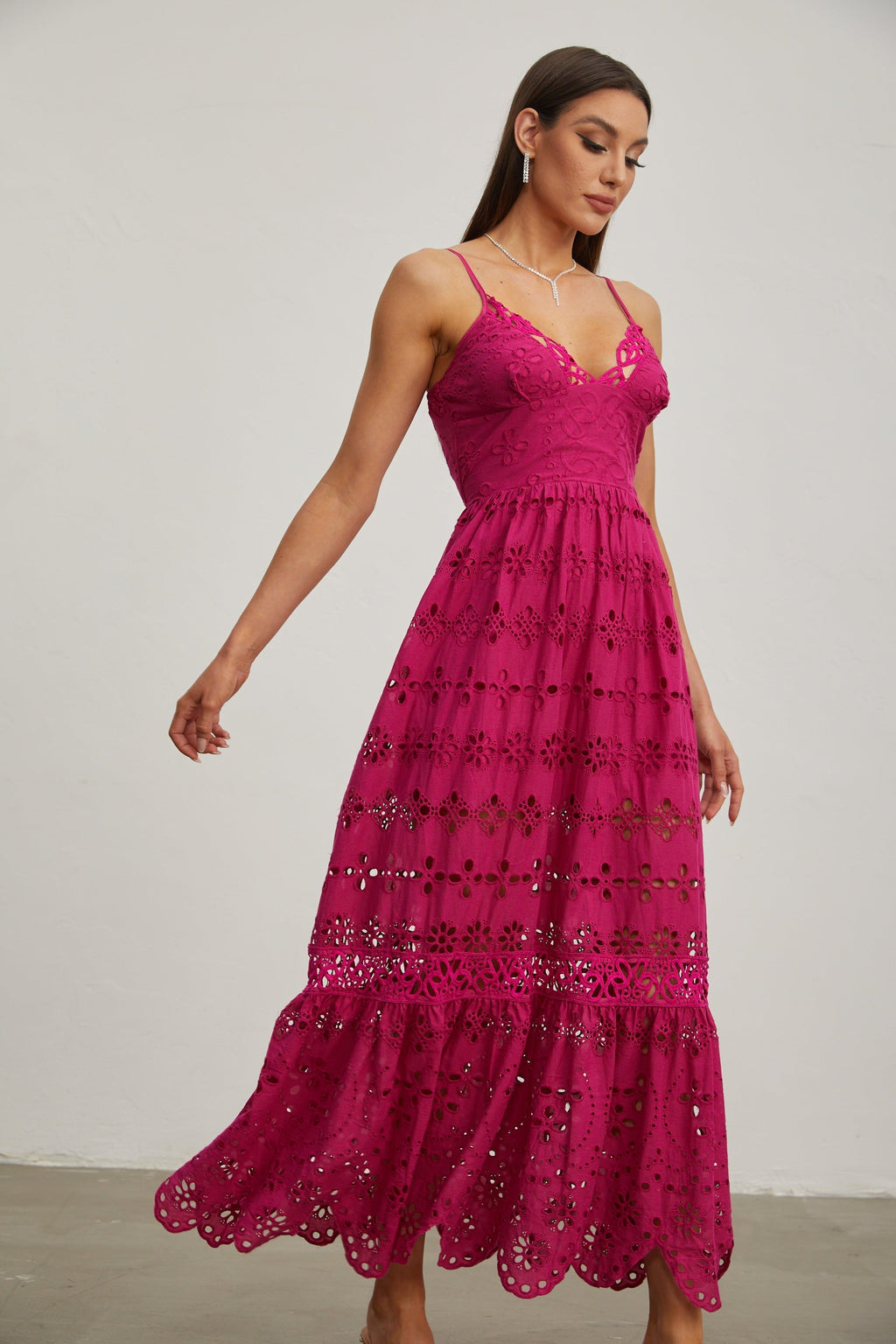 Quitterie Ahududu Dantel Kolsuz Midi Elbise